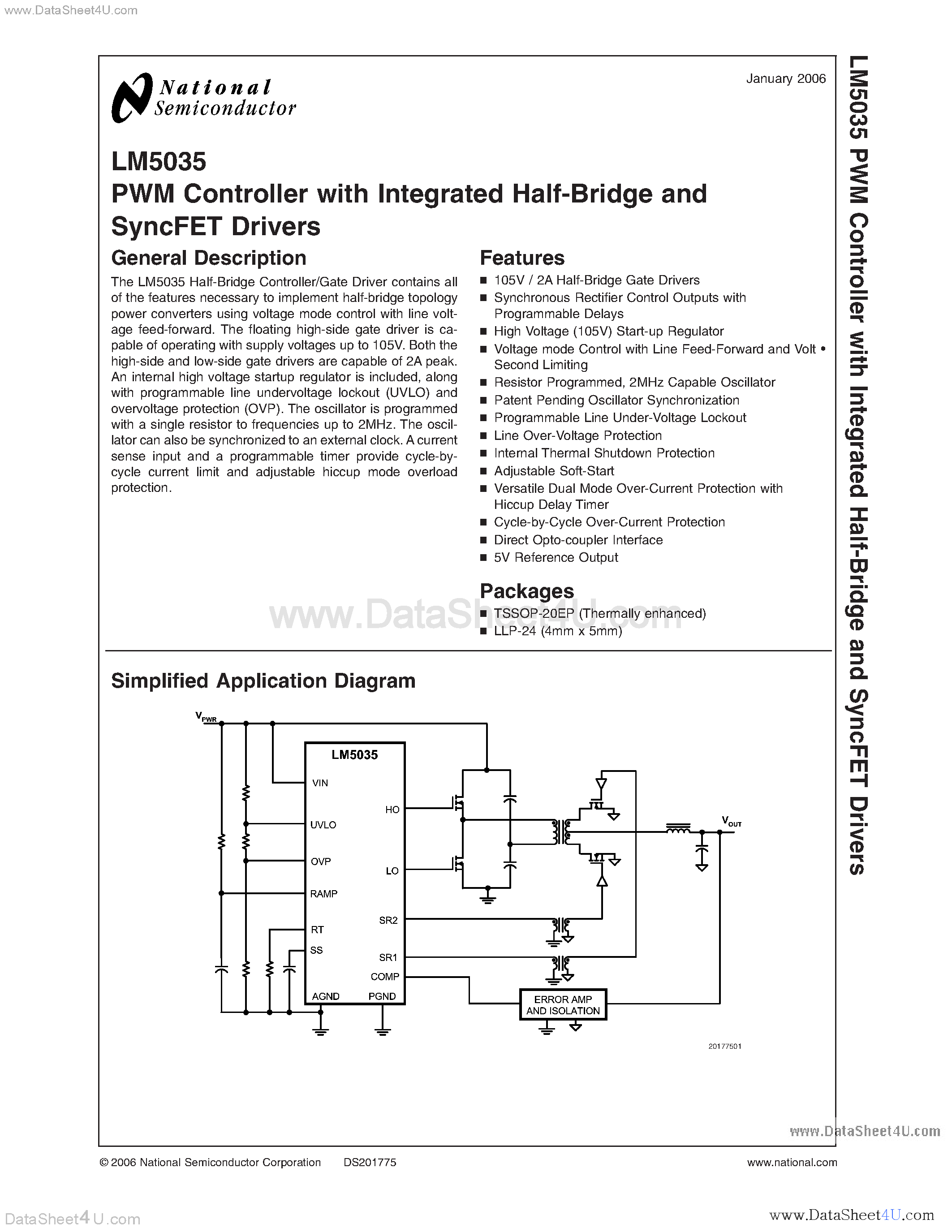 Datasheet LM5035 - PWM Controller with Integrated Half-Bridge and SyncFET Drivers page 1