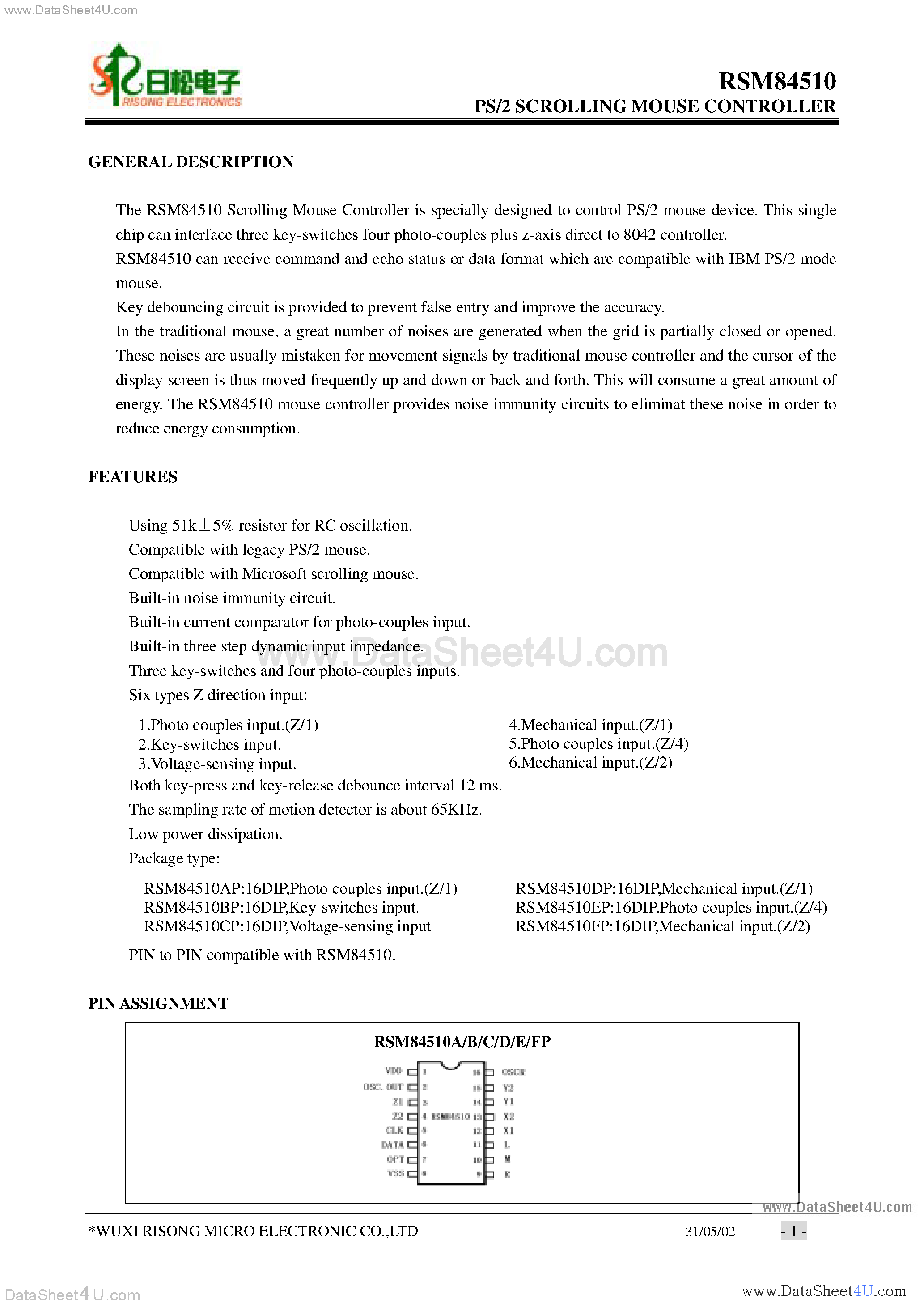 Даташит RSM84510 - PS/2 Scrolling Mouse Controller страница 1