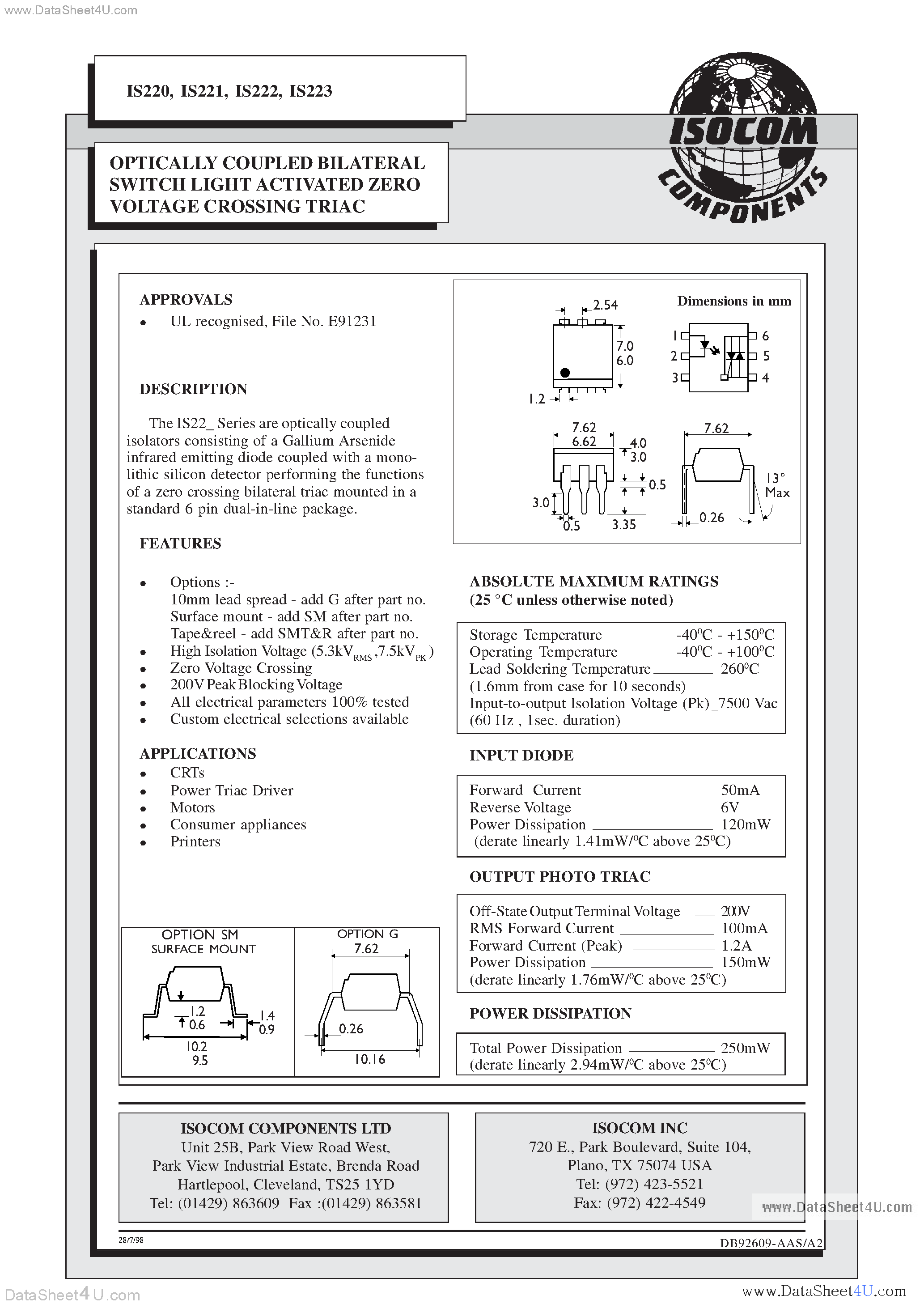 Даташит IS220 - (IS220 - IS223) OPTICALLY COUPLED BILATERAL SWITCH LIGHT ACTIVATED ZERO VOLTAGE CROSSING TRIAC страница 1