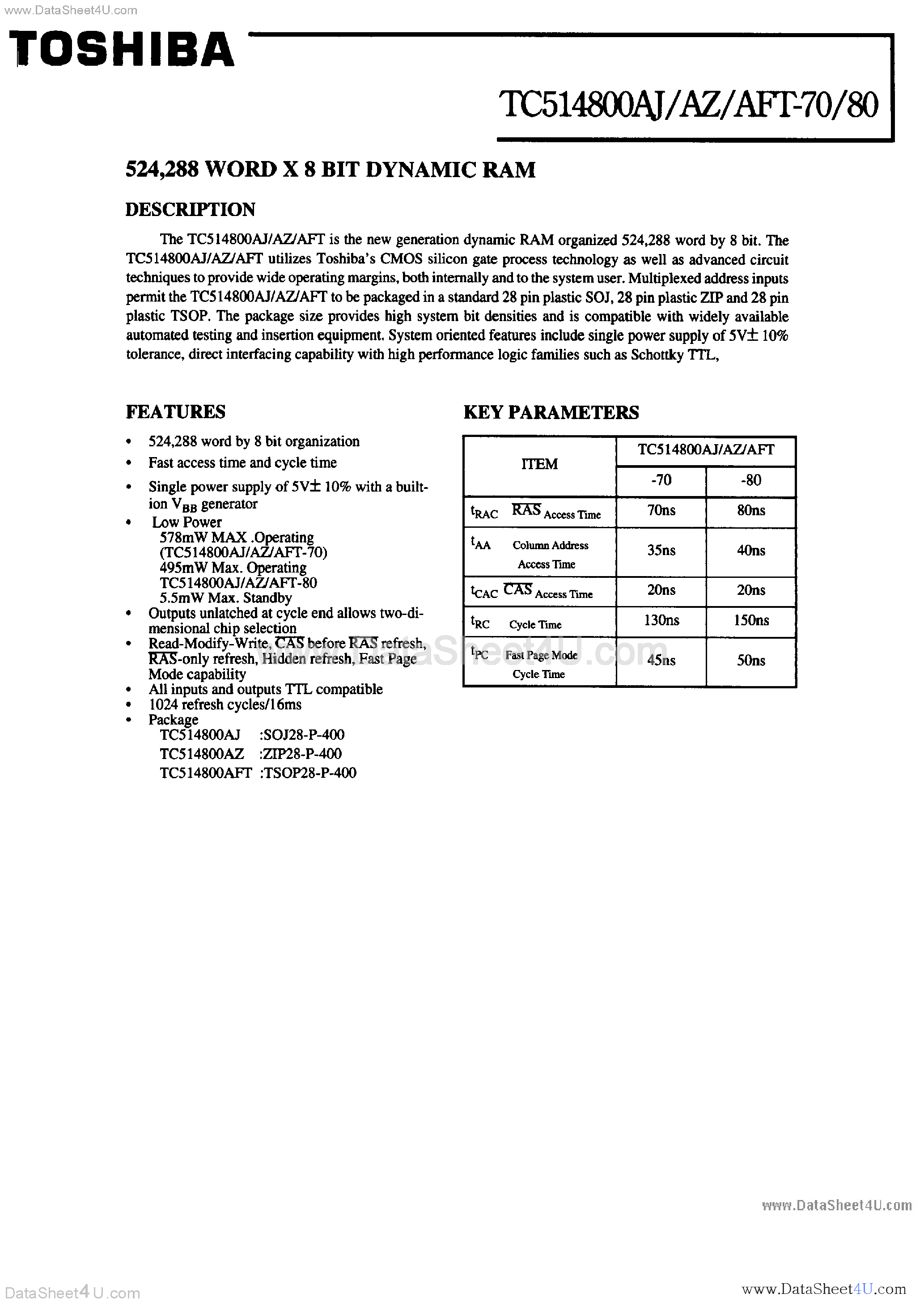 Datasheet TC514800AFT - (TC514800Axx) DRAM page 1