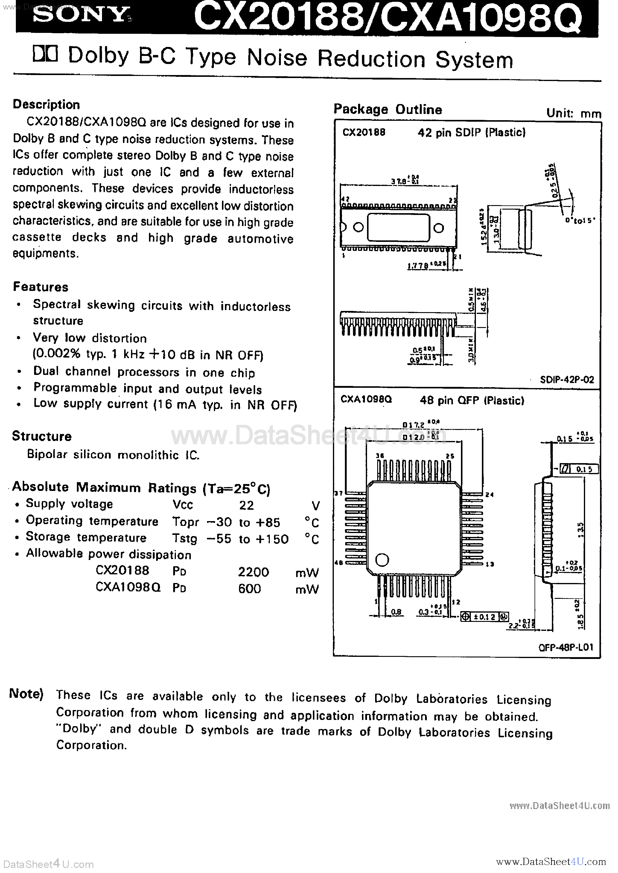 Datasheet CX20188 - Dolby B-C Type Noise Reduction System page 1