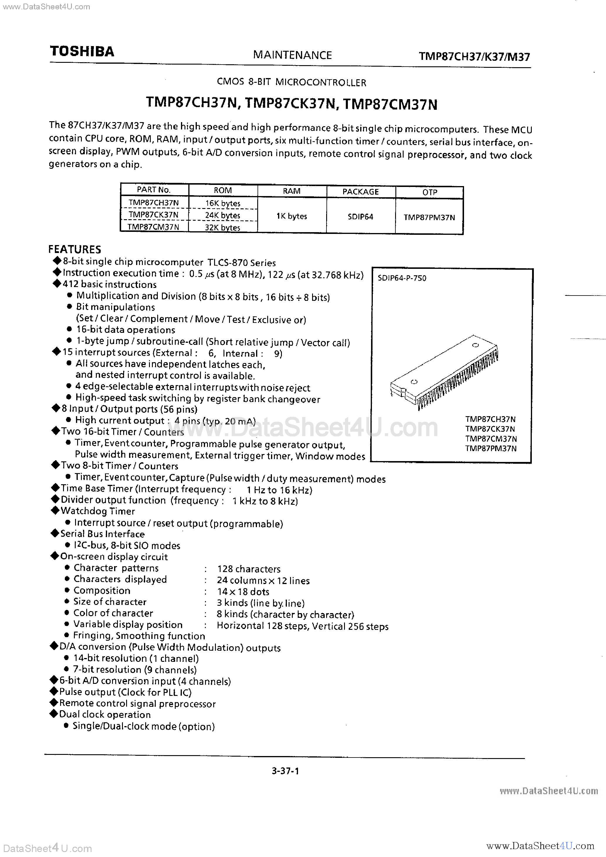 Datasheet TMP87CH37N - (TMP87Cx37N) CMOS 8-Bit Microcontroller page 1