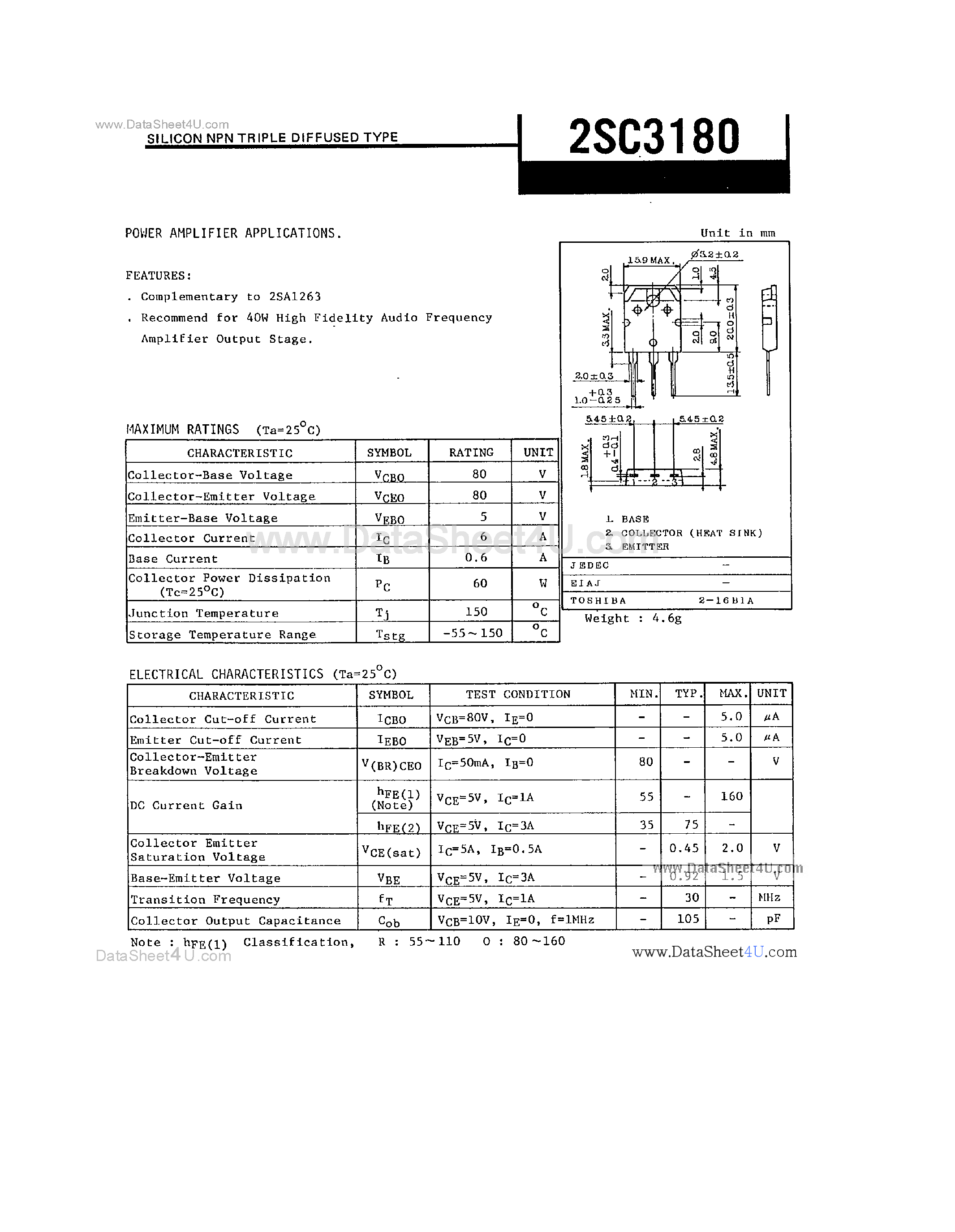 Даташит 2SC3180 - SILICON NPN TRIPLE DIFFUSED TYPE страница 1