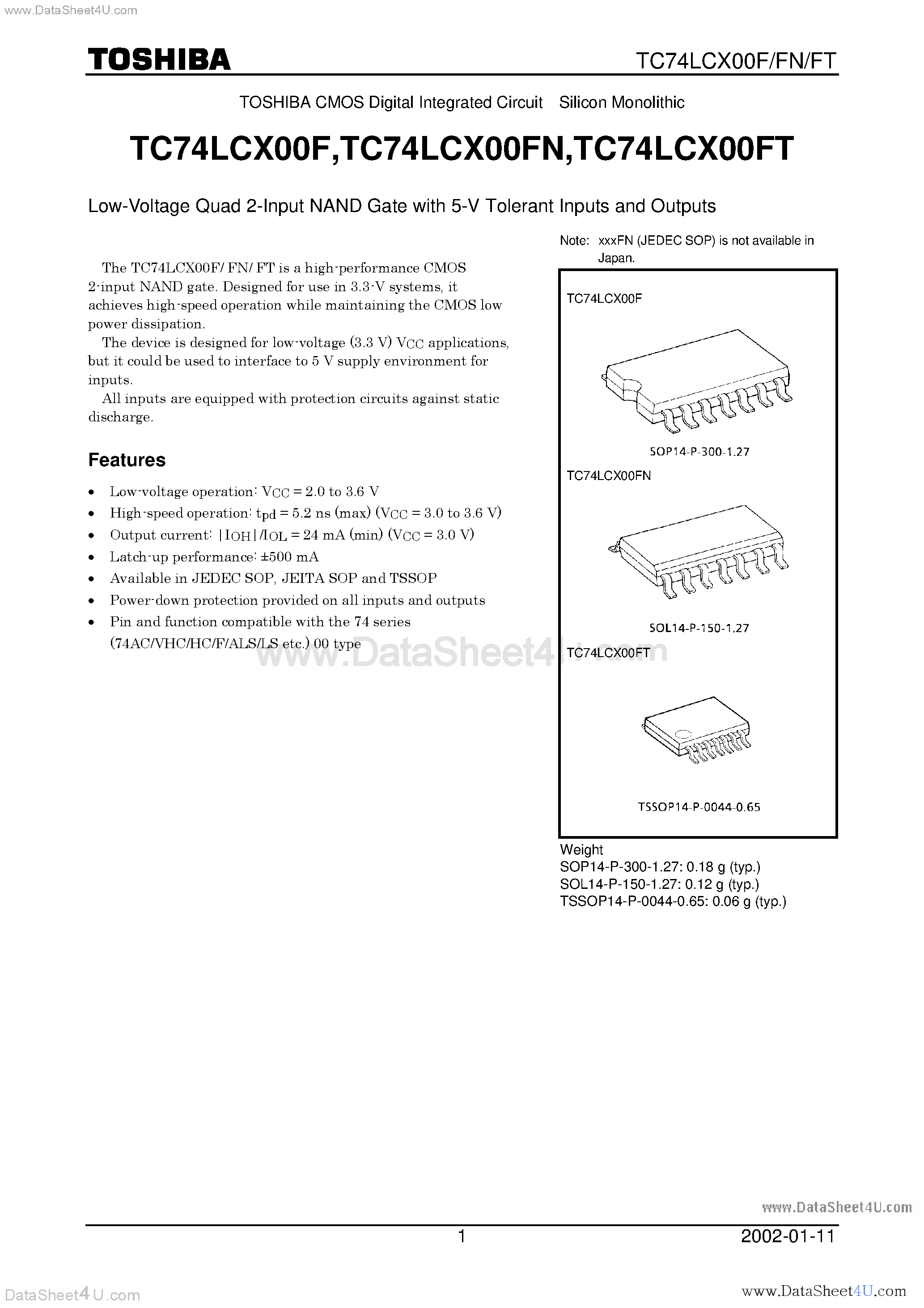 Даташит TC74LCX00F - LOW-VOLTAGE QUAD 2-INPUT NAND GATE WITH 5V TOLERANT INPUTS AND OUTPUTS страница 1