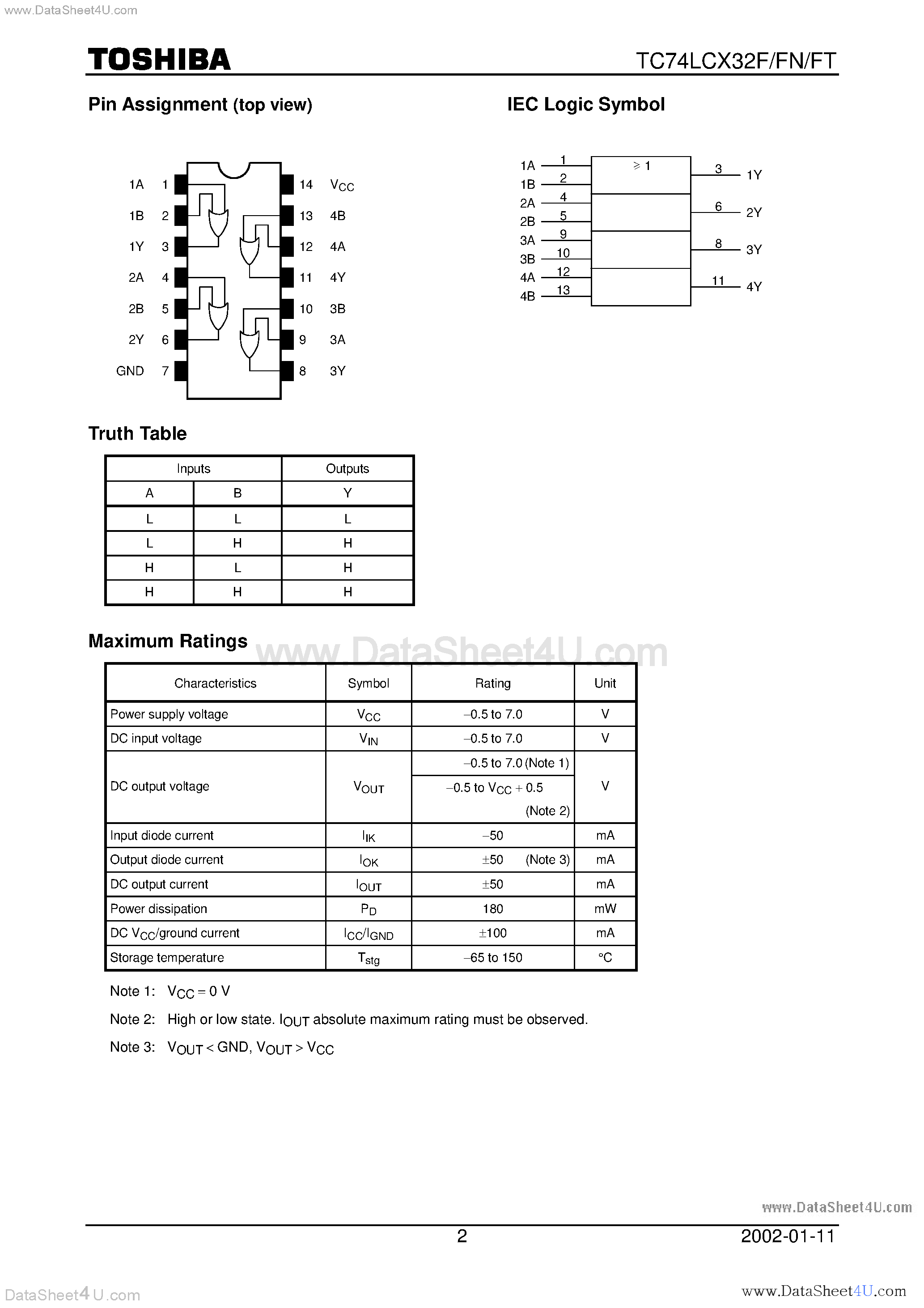 Даташит TC74LCX32F - LOW VOLTAGE QUAD 2-INPUT OR GATE WITH 5V TOLERANT INPUTS AND OUTPUTS страница 2