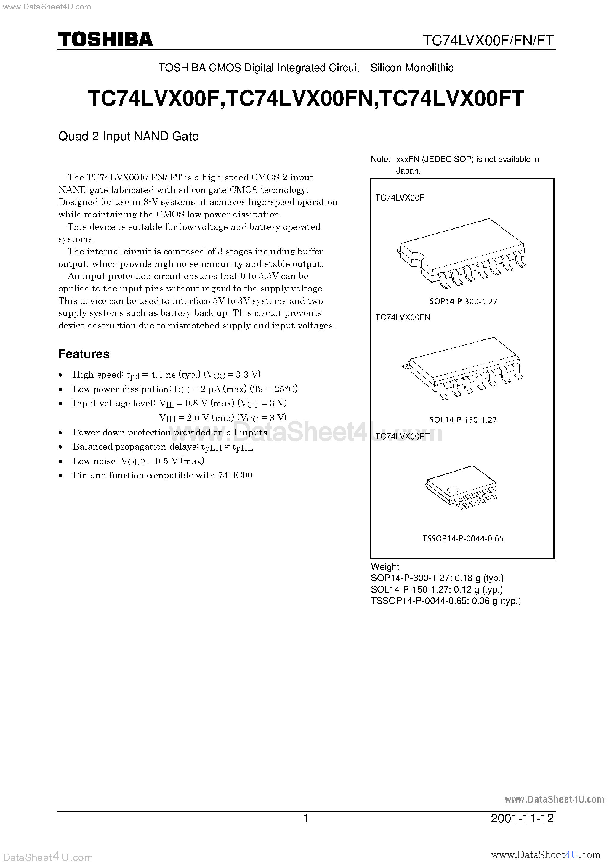 Даташит TC74LVX00F - QUAD 2-INPUT GATE страница 1