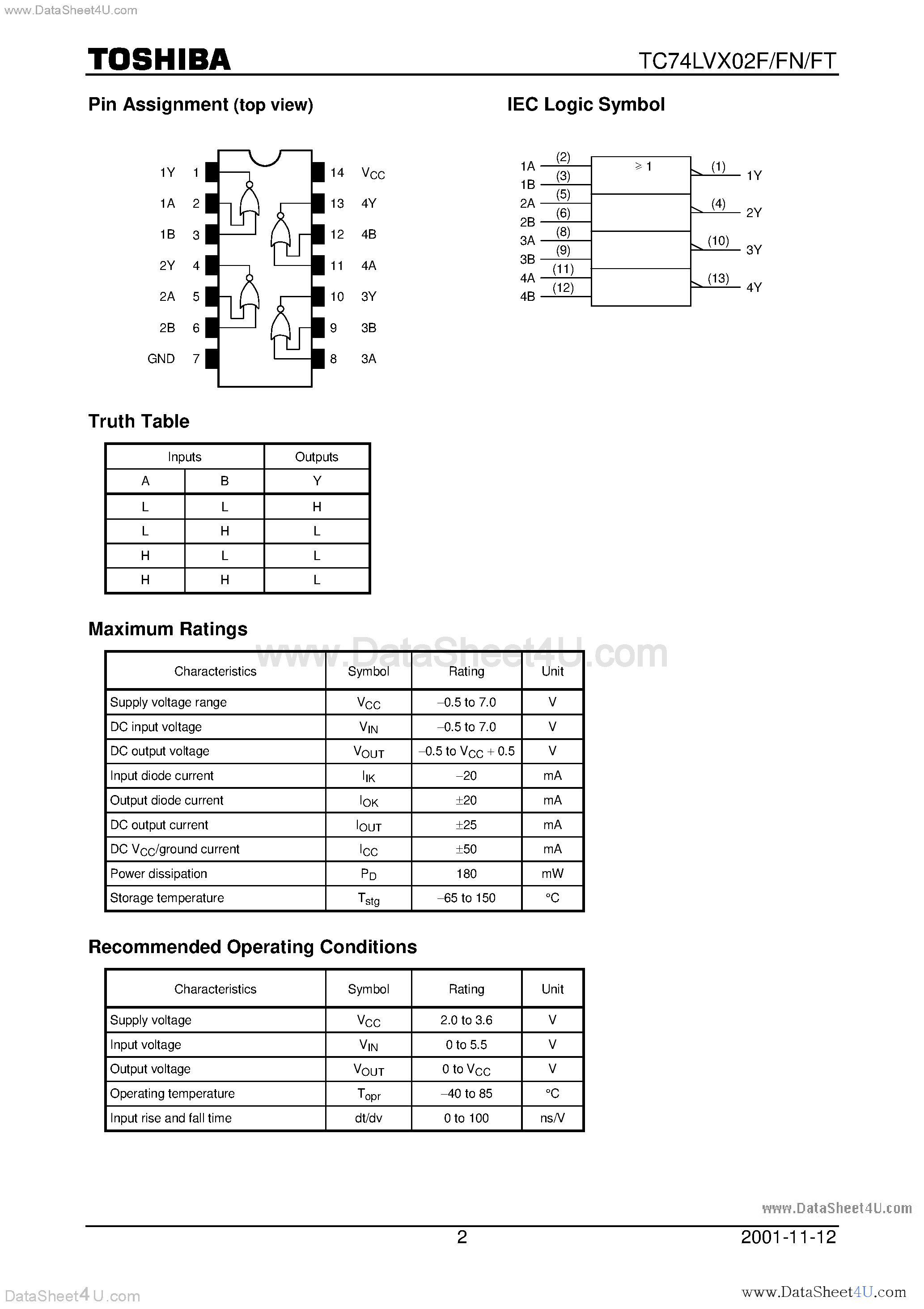 Даташит TC74LVX02F - QUAD 2-INPUT NOR GATE страница 2