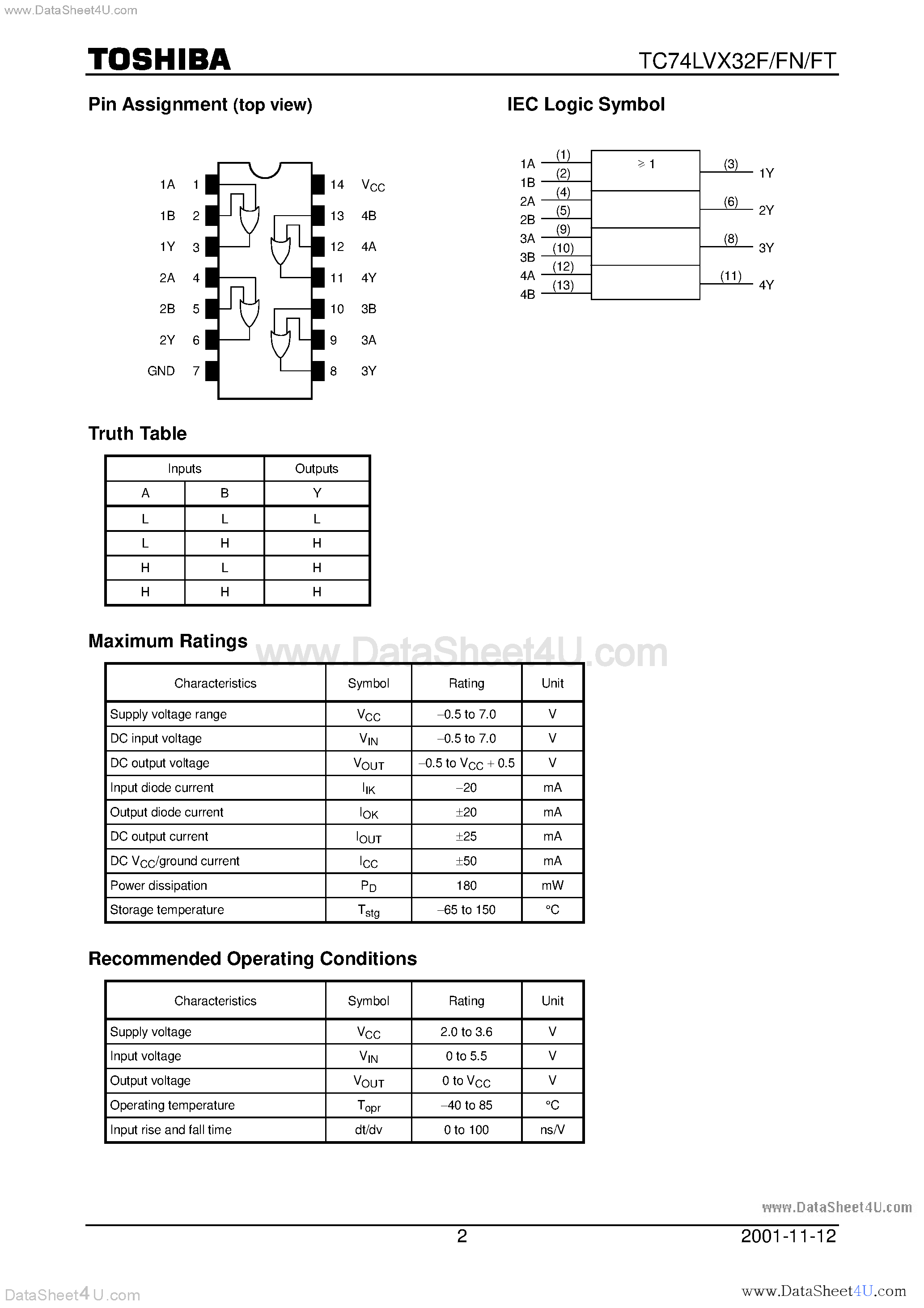 Даташит TC74LVX32F - QUAD 2-INPUT OR GATE страница 2