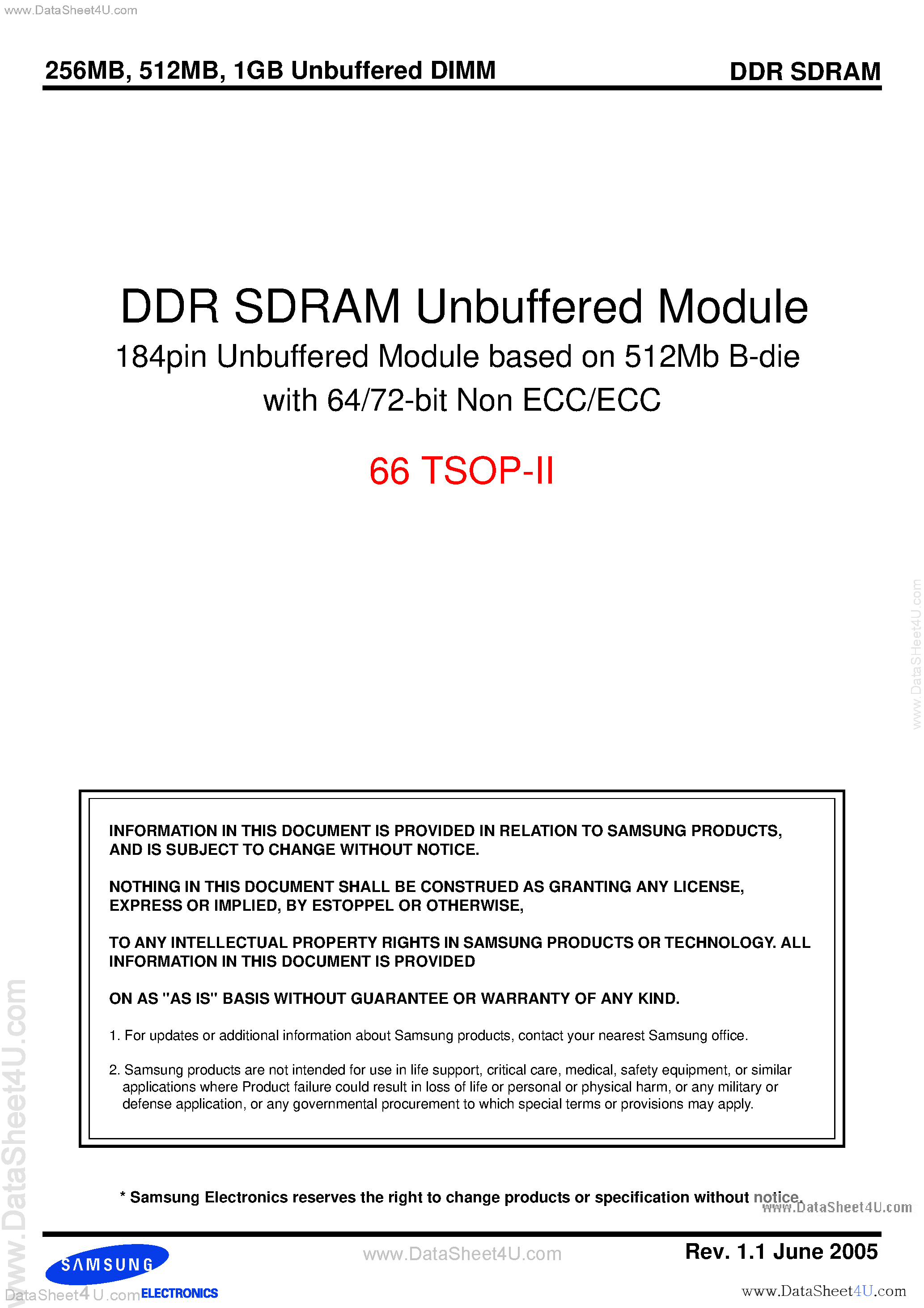 Datasheet M368L2923BTM - (M368LxxxxBxM) DDR SDRAM Unbuffered Module 184pin Unbuffered Module based on 512Mb B-die page 1