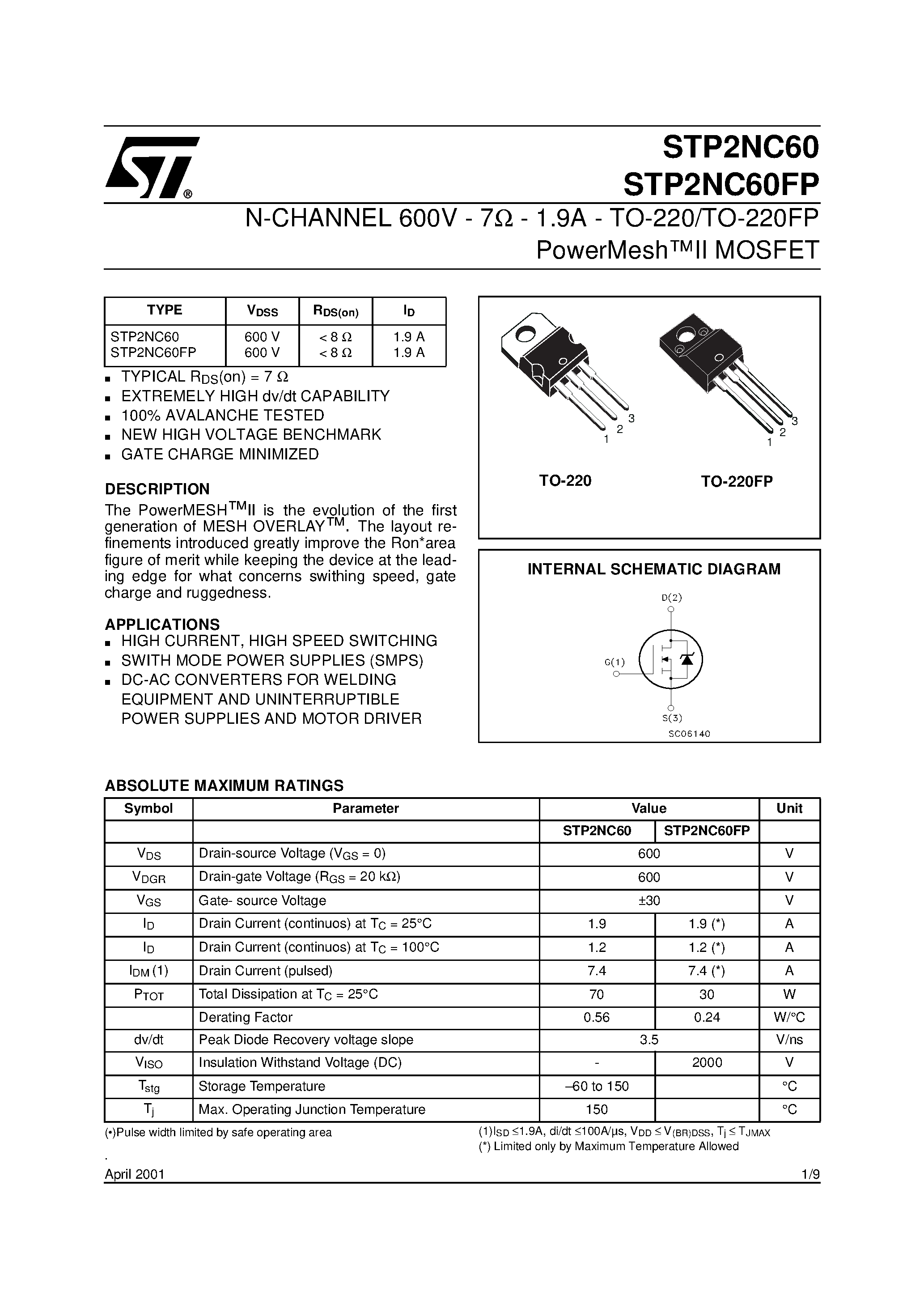 Даташит STP2NC60 - N-CHANNEL 600V 7 OHM 1.9A TO-220-TO-220FP POWERME страница 1