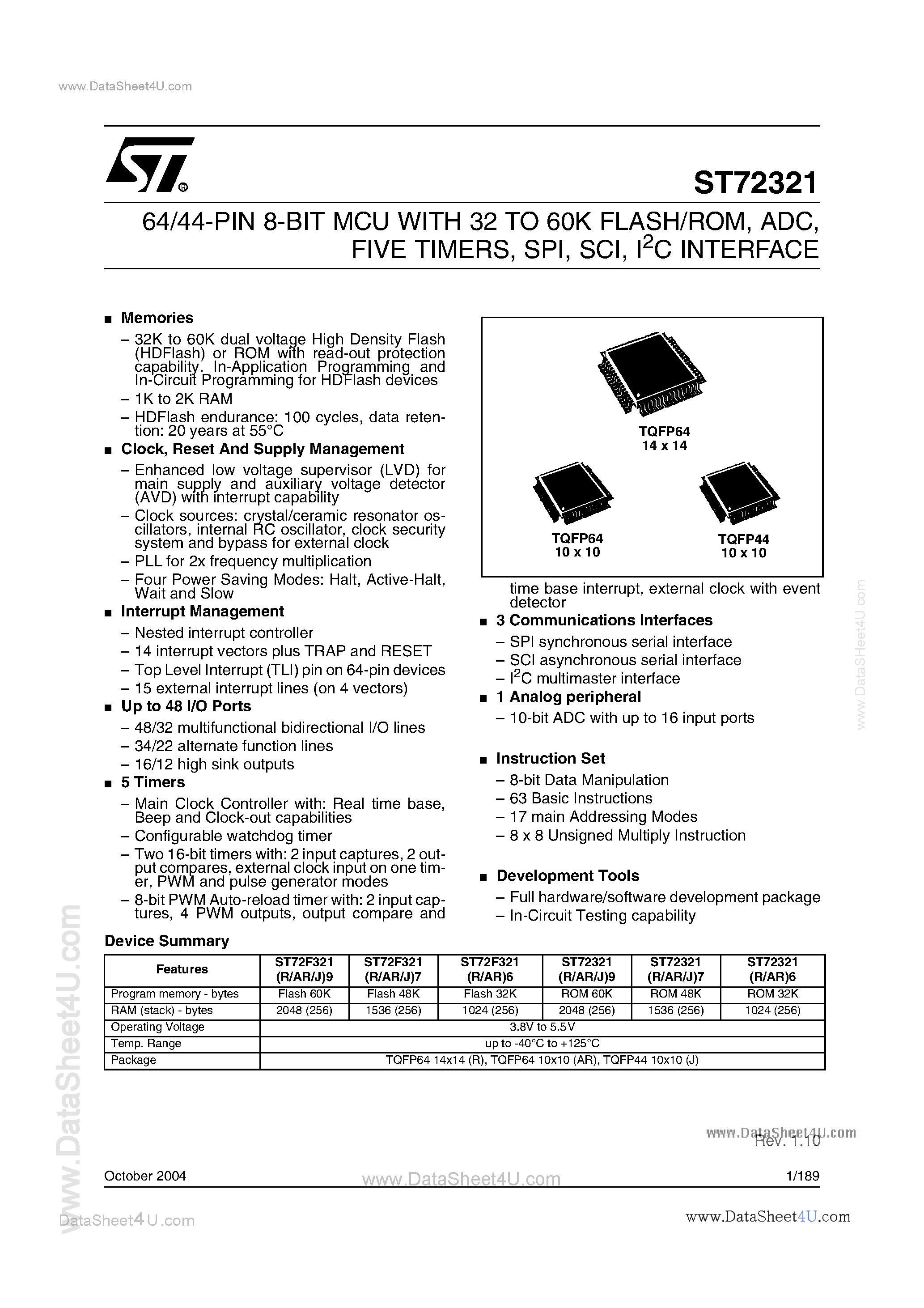 Даташит ST72F321 - 64/44-PIN 8-BIT MCU страница 1