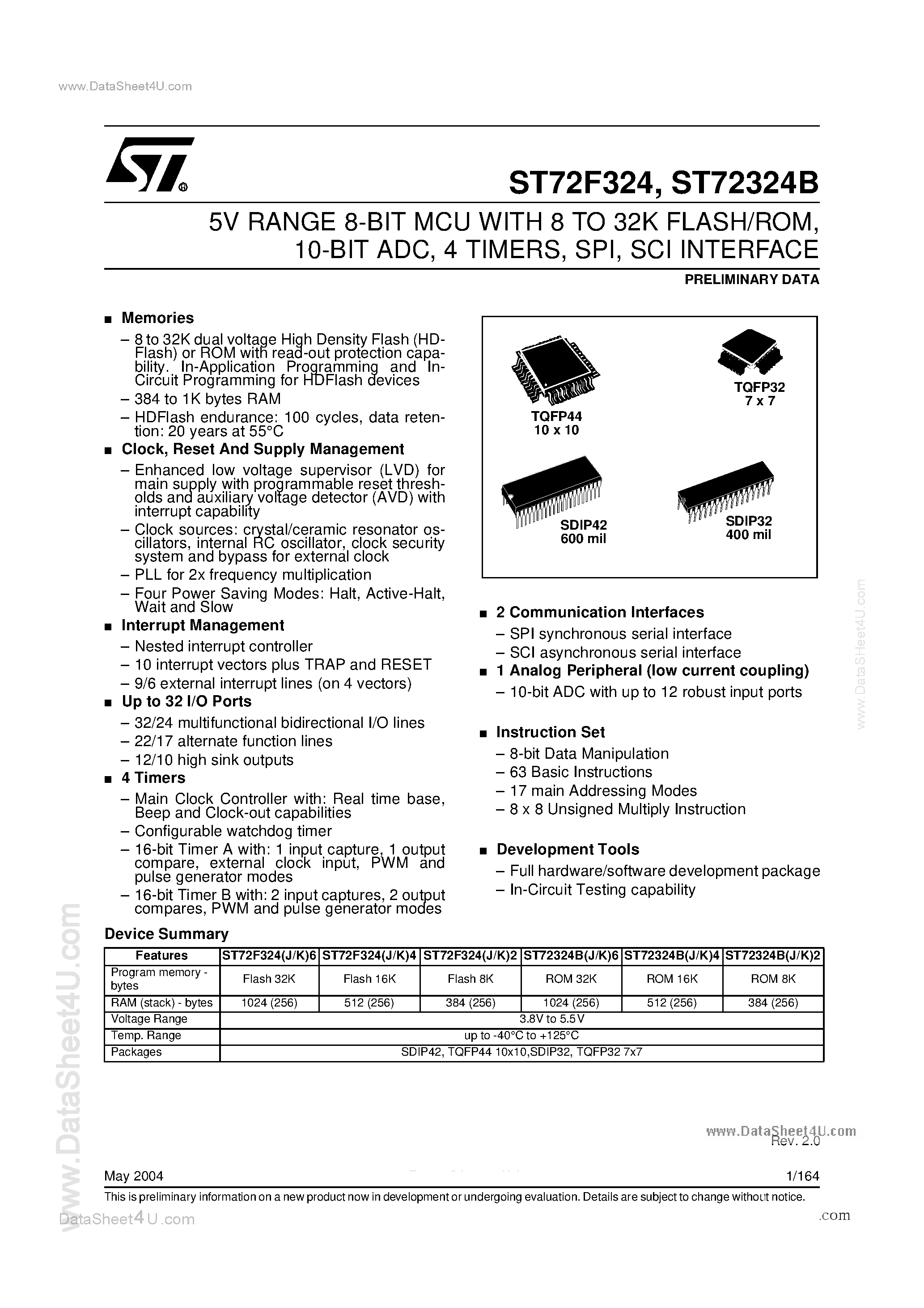 Даташит ST72F324 - 5V RANGE 8-BIT MCU страница 1