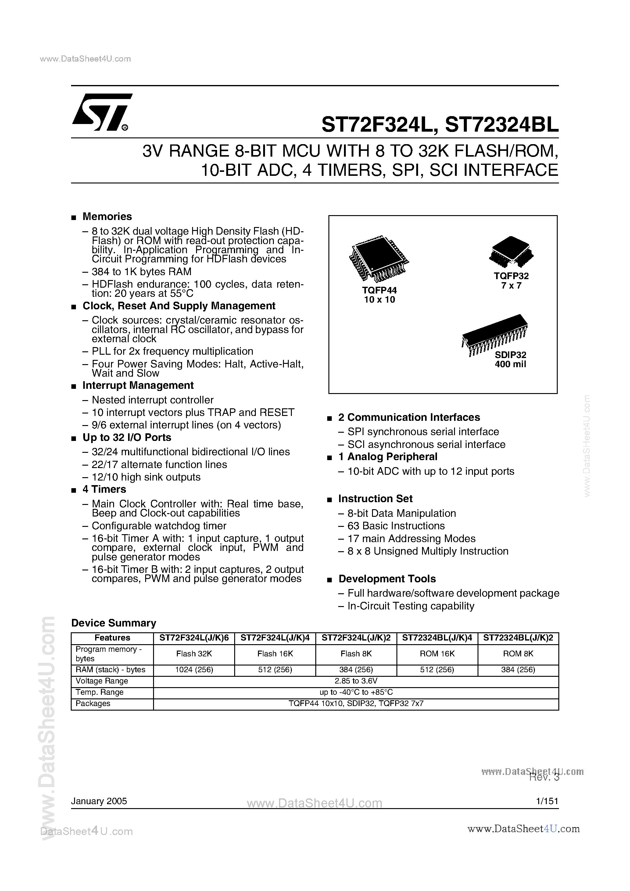 Даташит ST72F324BL - 3V RANGE 8-BIT MCU страница 1