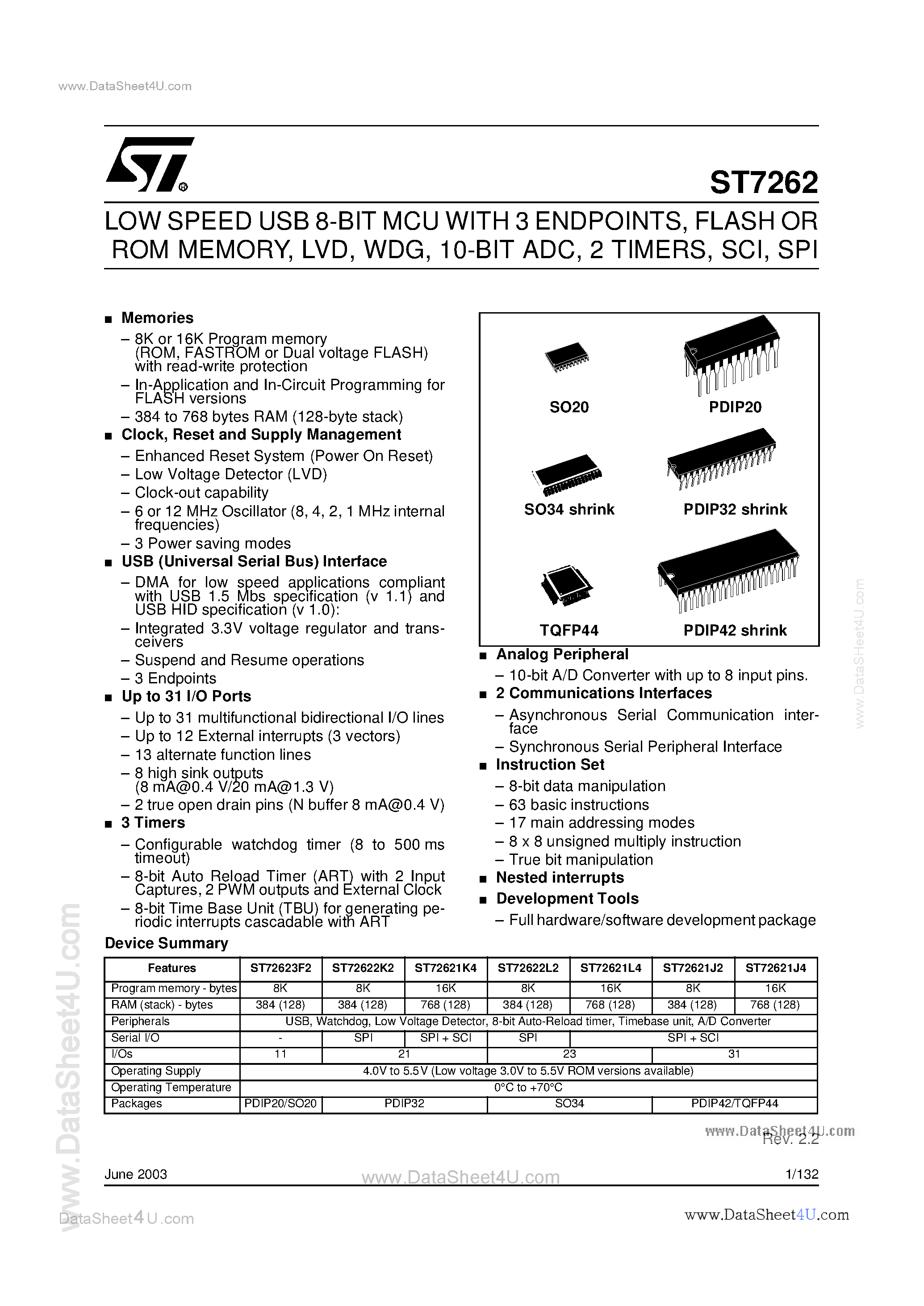 Даташит ST72F62 - LOW SPEED USB 8-BIT MCU страница 1