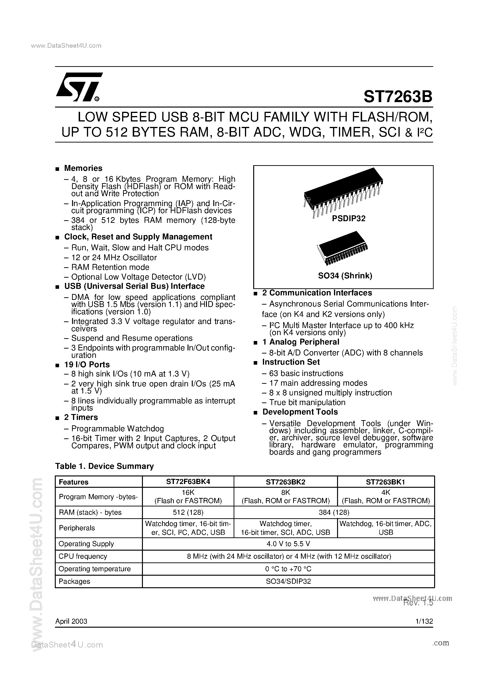 Даташит ST72F63B - LOW SPEED USB 8-BIT MCU страница 1