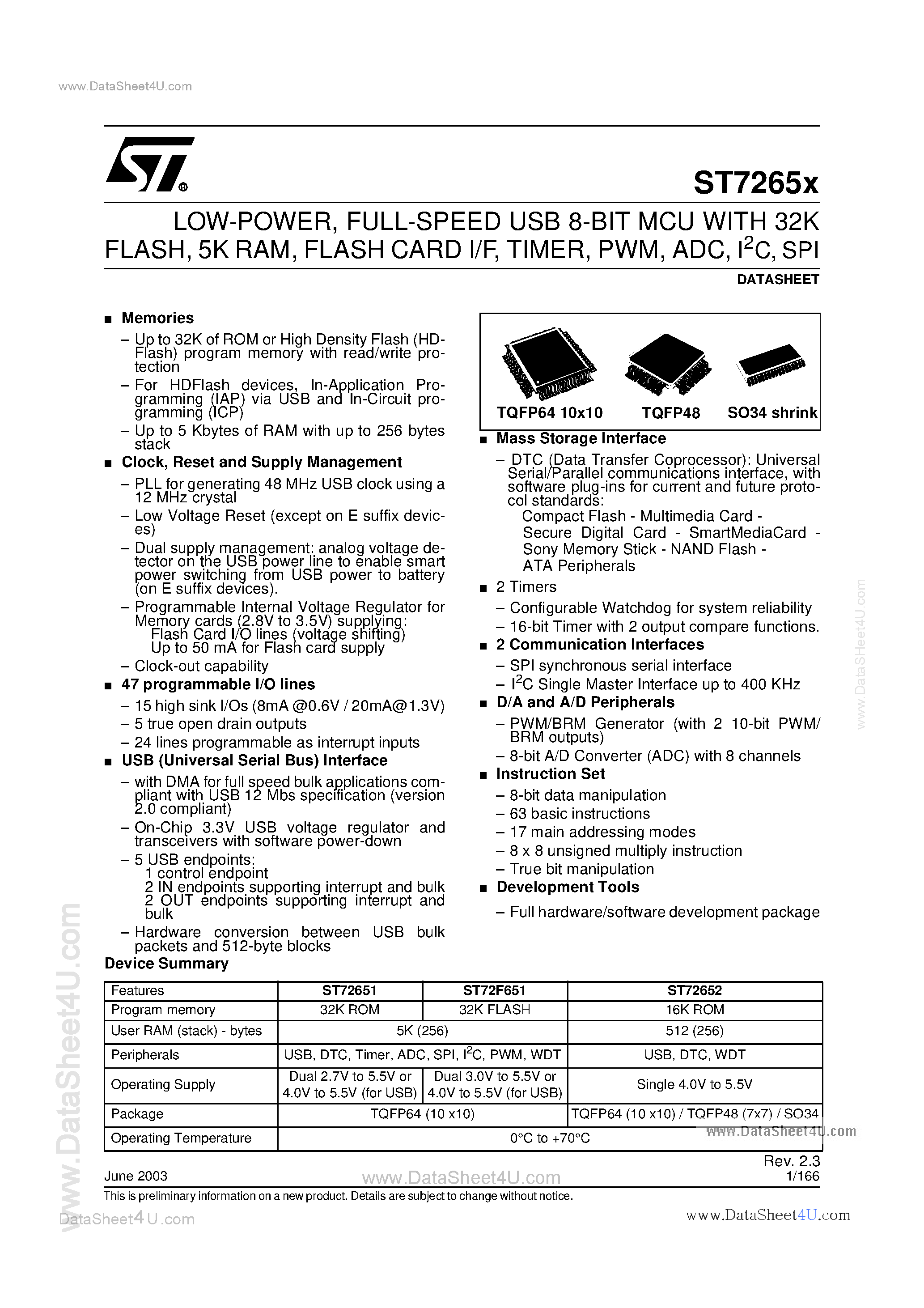 Даташит ST72F65x - FULL-SPEED USB 8-BIT MCU страница 1