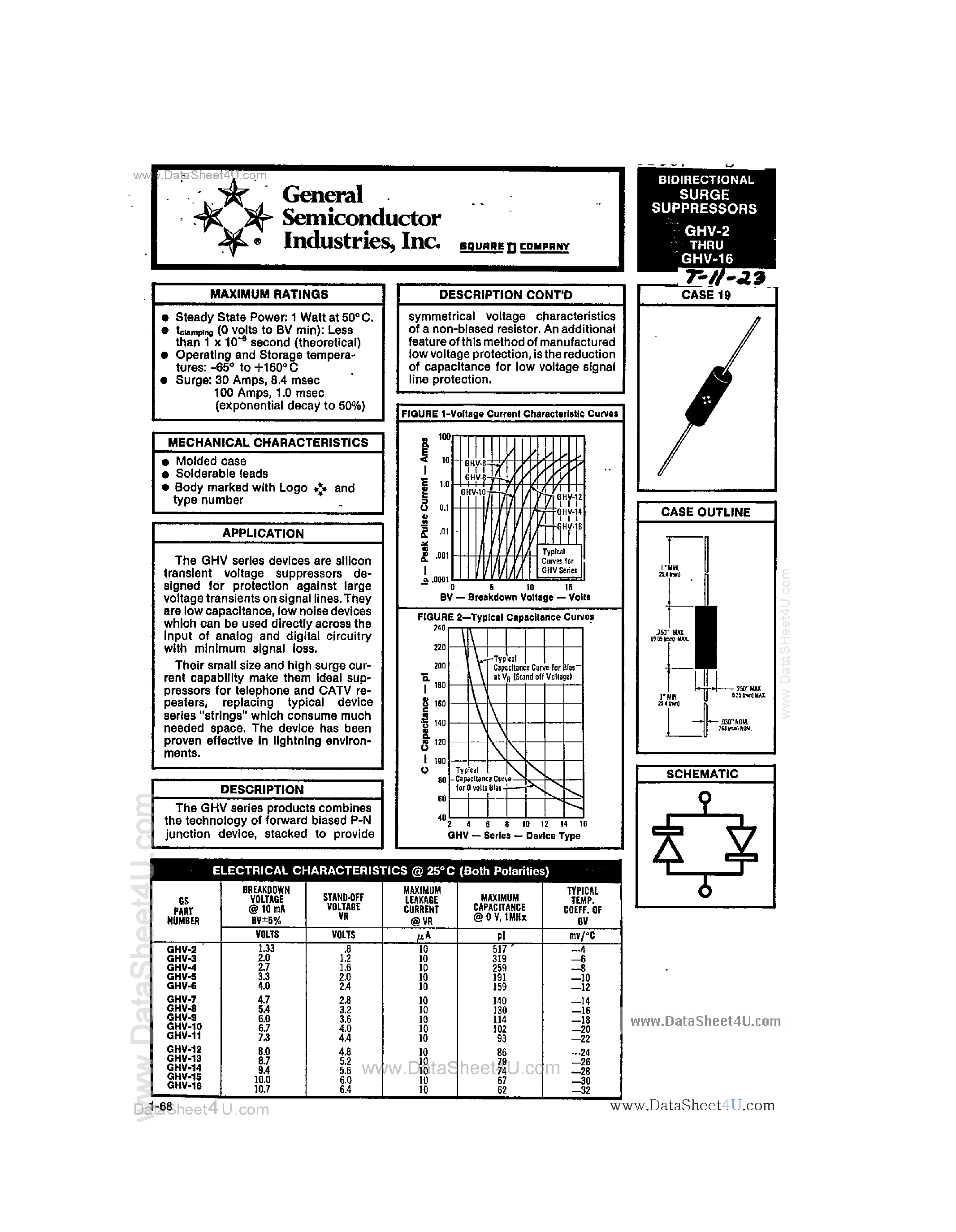 Даташит GHV-10 - (GHV-2 - GHV-16) Surge Suppressors страница 1