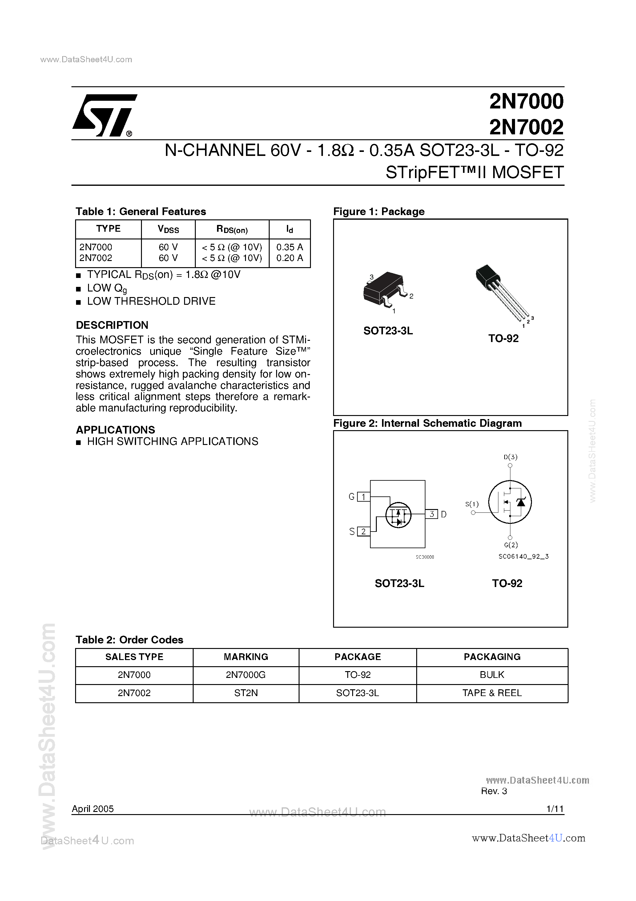 Даташит 2N7000 - (2N7000 / 2N7002) N-Channel MOSFET страница 1