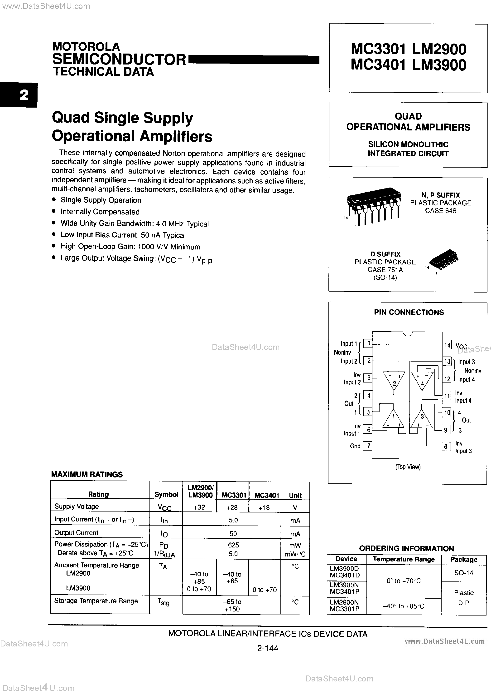 Даташит LM3900 - QUAD SINGLE SUPPLY OPERATIONAL AMPLIFIERS страница 1