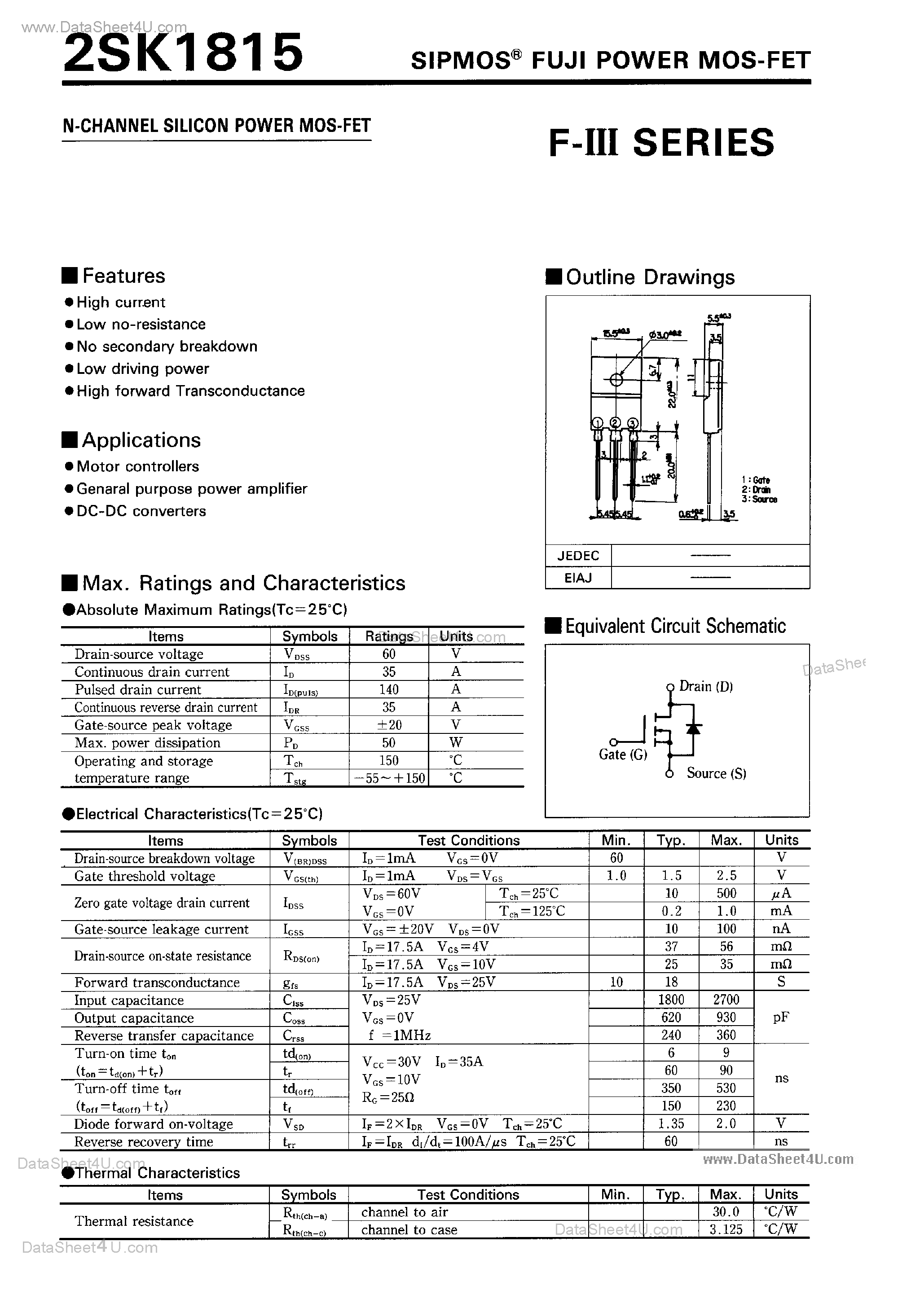 Datasheet 2SK1815 - N-Channel Silicon Power MOS FET page 1