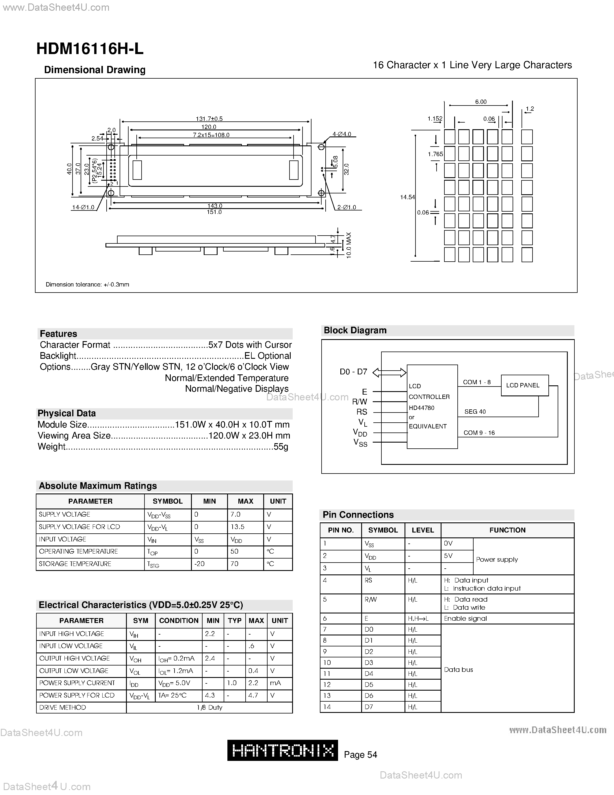 Datasheet HDM16116H-L - LCD DOT MATRIX CHARACTER page 1