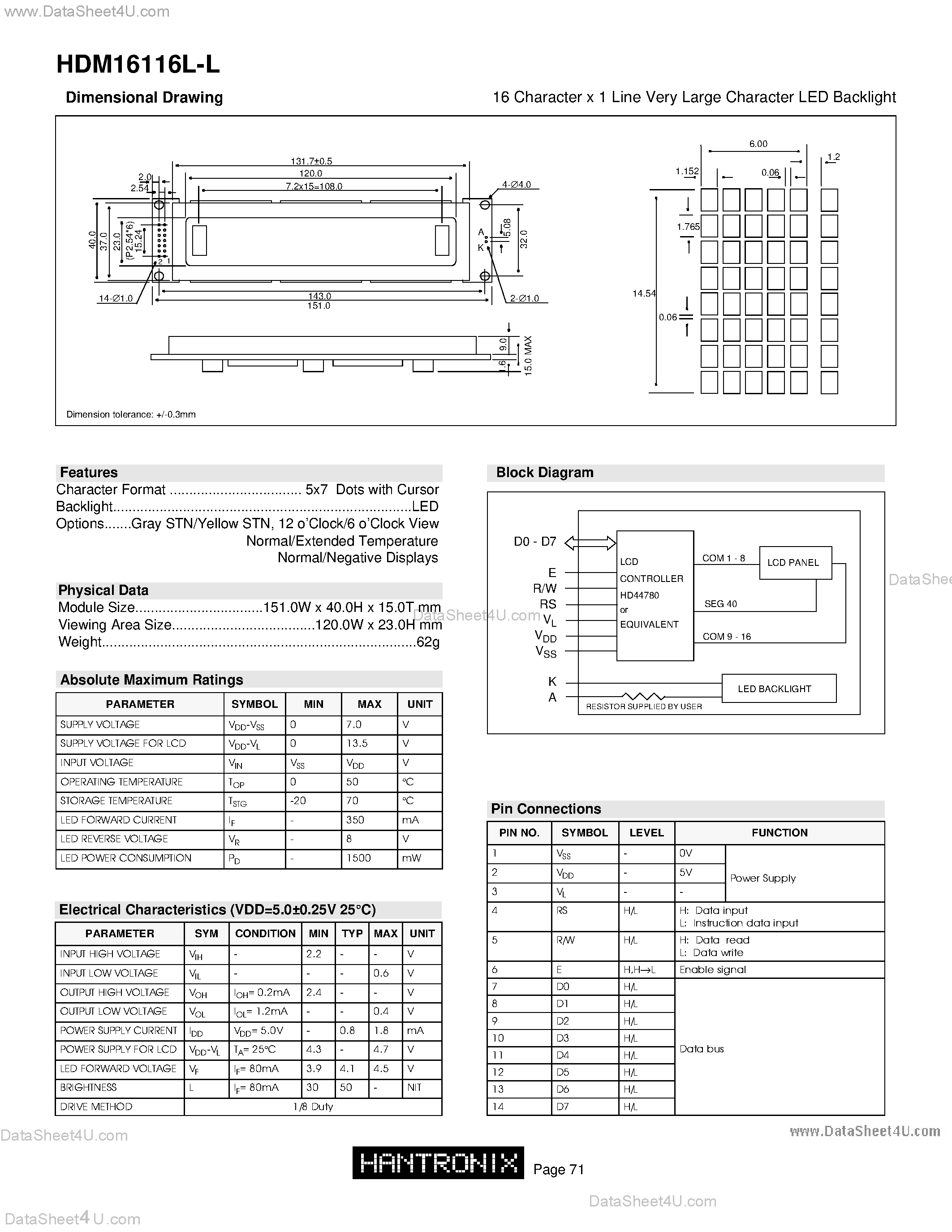 Datasheet HDM16116L-L - LCD DOT MATRIX CHARACTER page 1