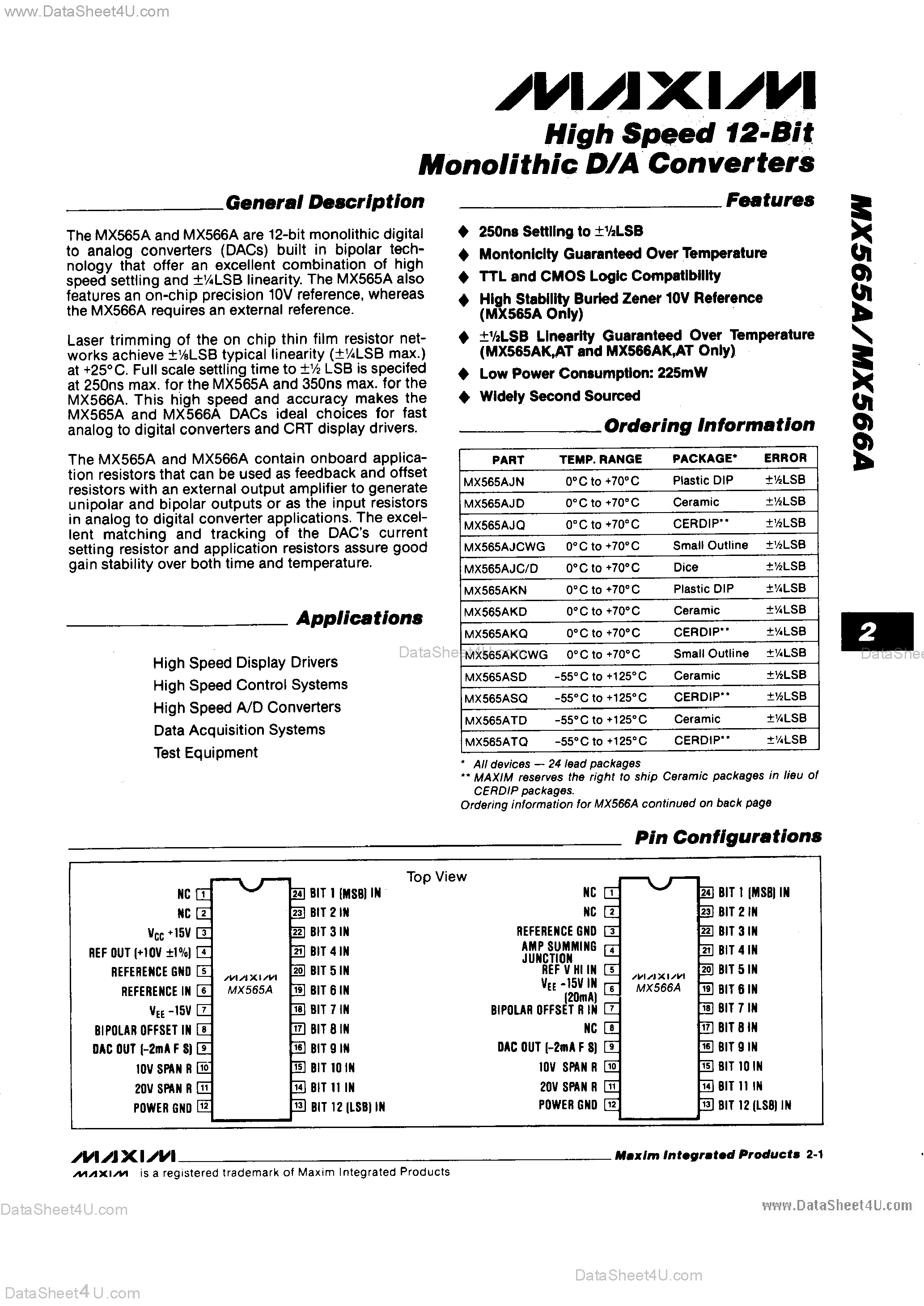 Datasheet AD565A - (AD565A / AD566A) High Speed 12-Bit Monolithic D/A Converters page 1