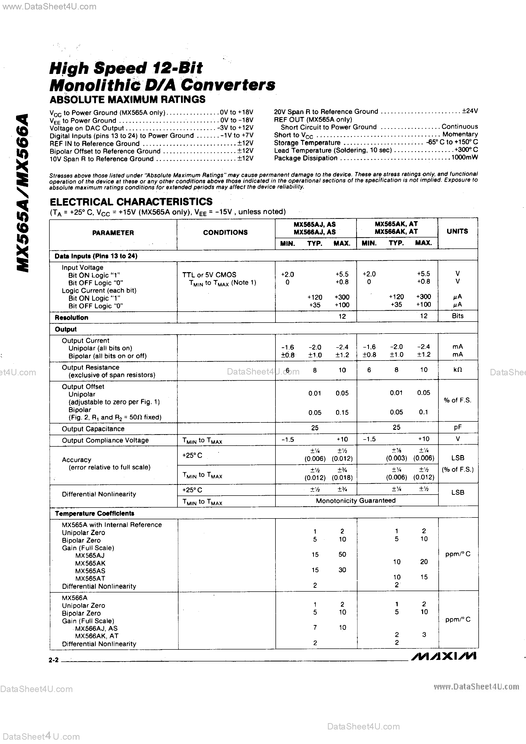 Datasheet AD565A - (AD565A / AD566A) High Speed 12-Bit Monolithic D/A Converters page 2