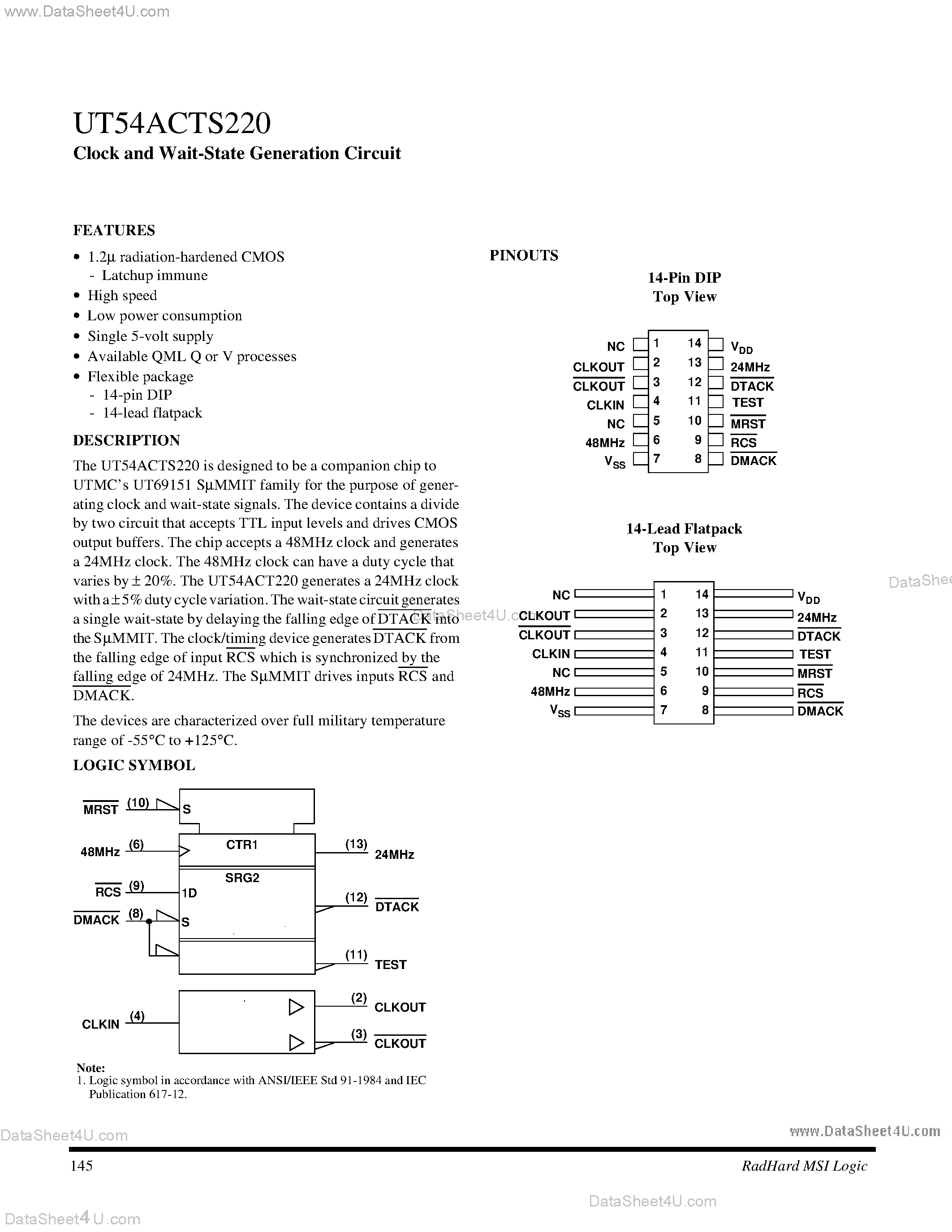 Даташит UT54ACTS220 - Clock and Waut State Generation Circuit страница 1