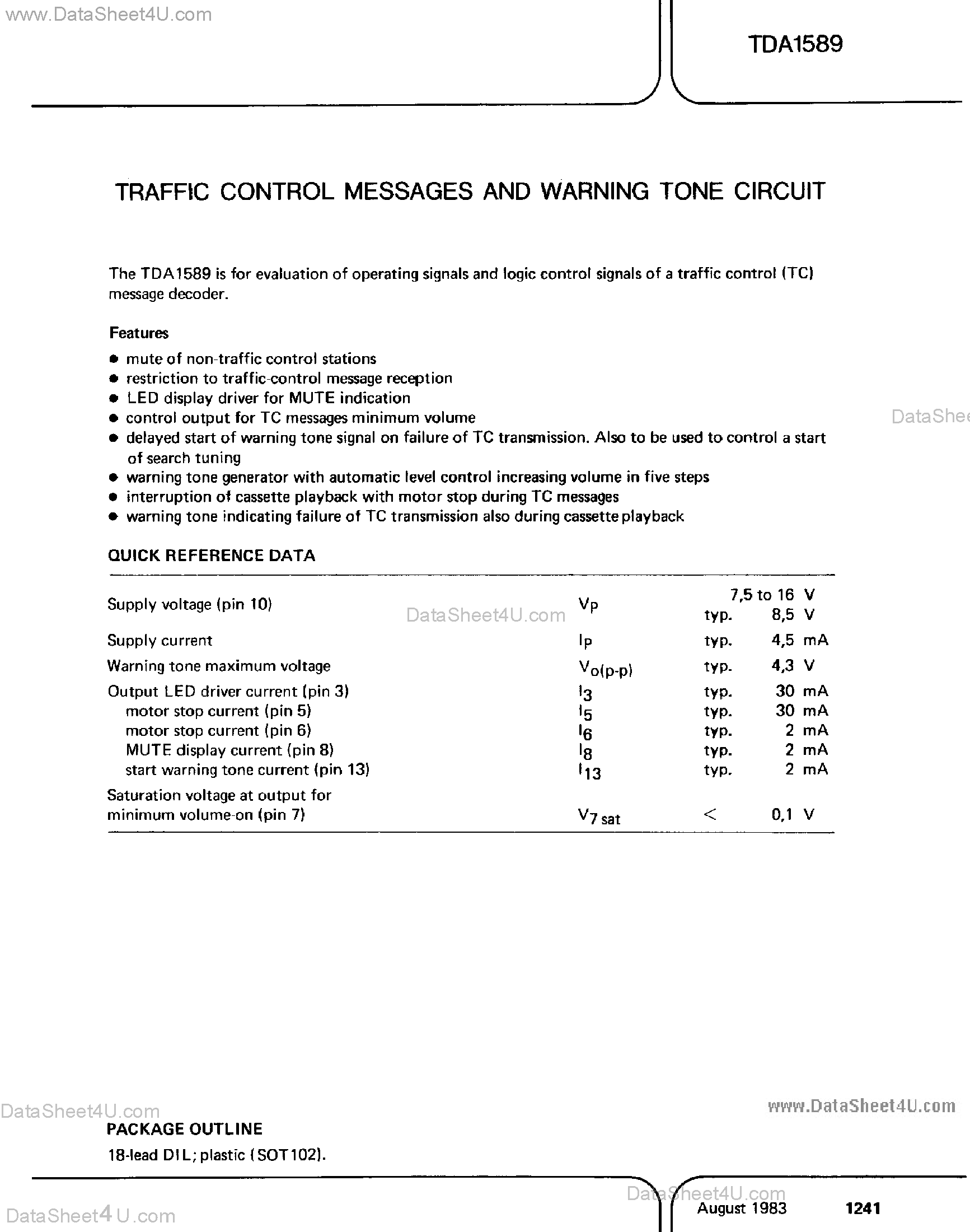 Datasheet TDA1589 - Traffic Control Message and Warning Tone Circuit page 1