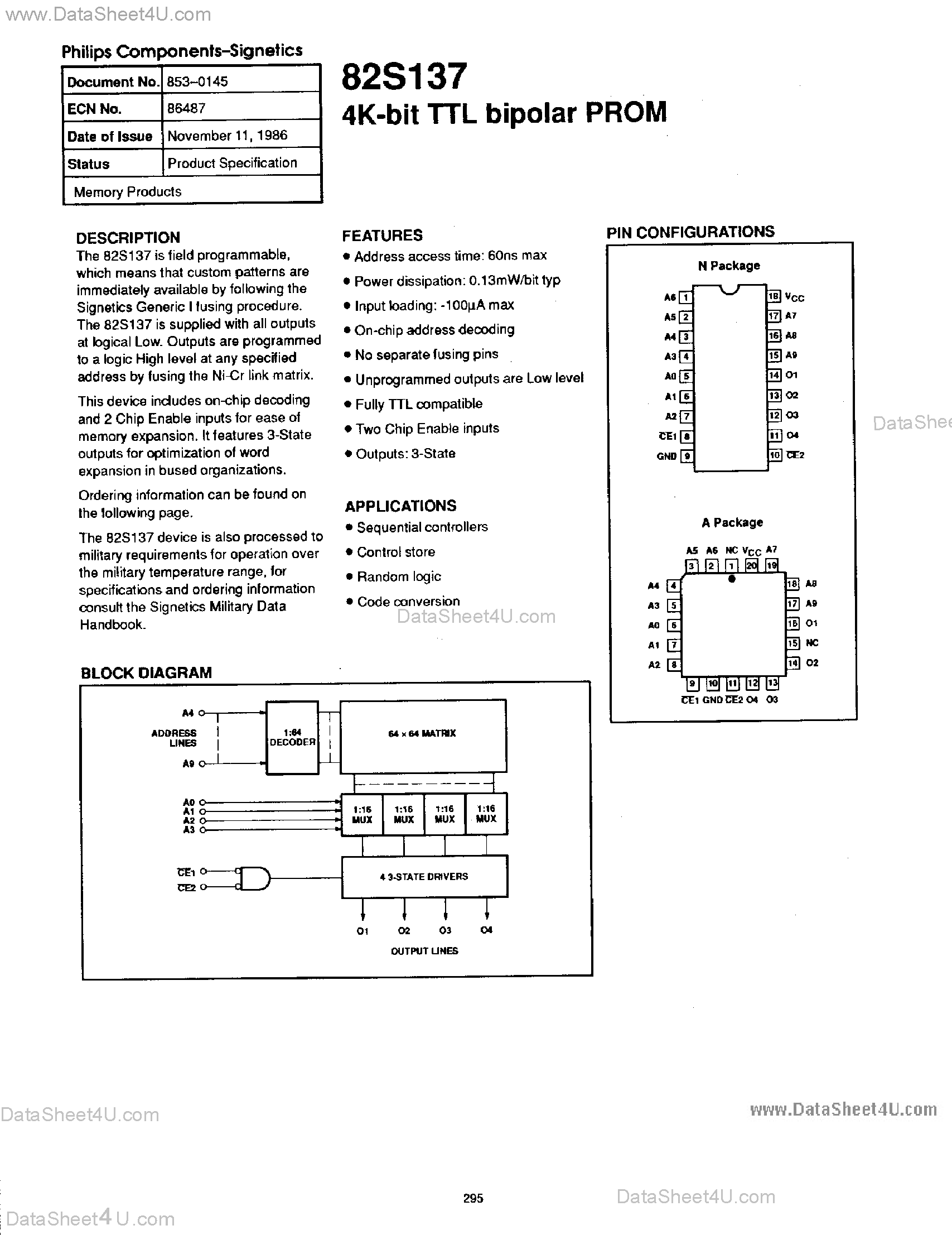 Даташит 82S137 - 4K-Bit TTL Bipolar PROM страница 1