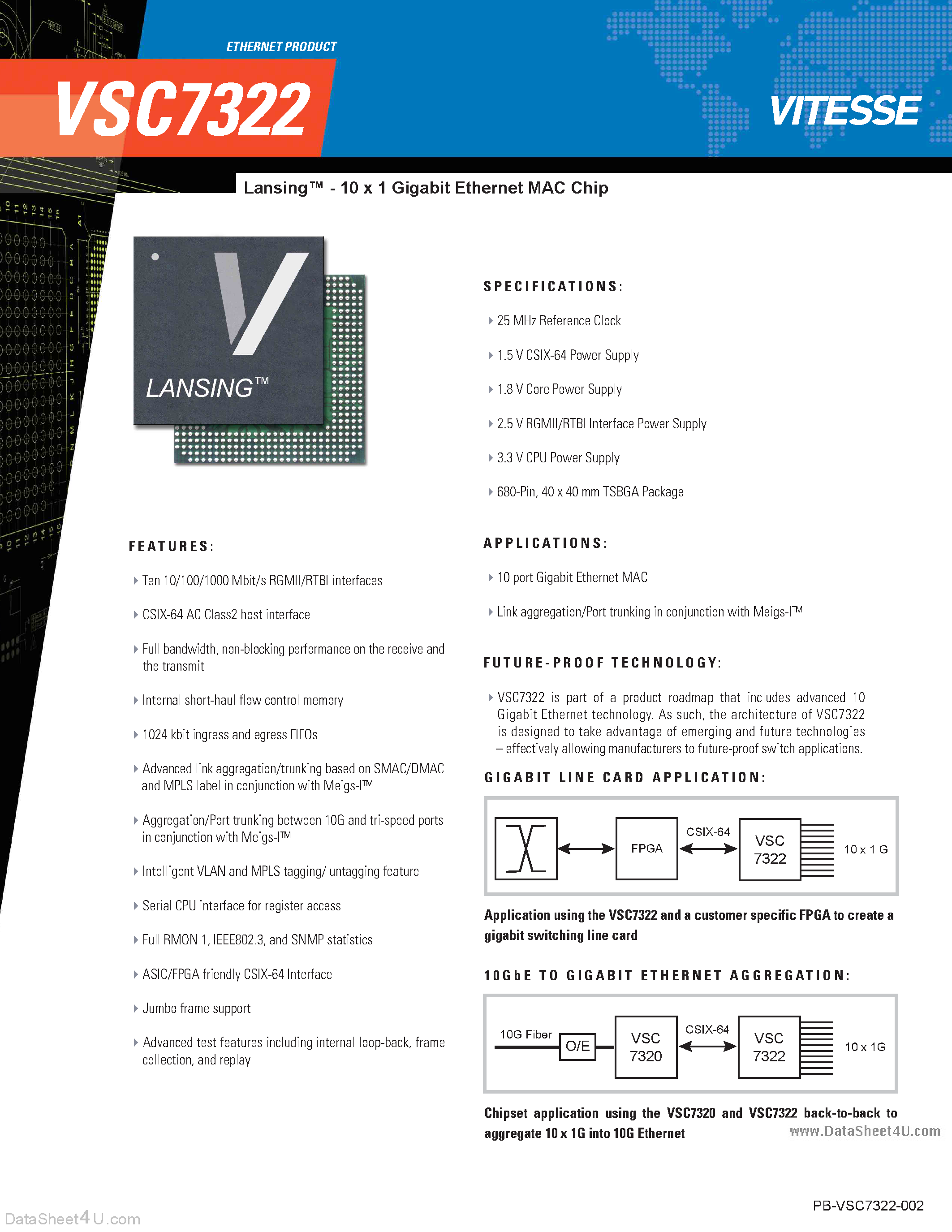 Даташит VSC7322 - 10 x 1 Gigabit Ethernet MAC Chip страница 1