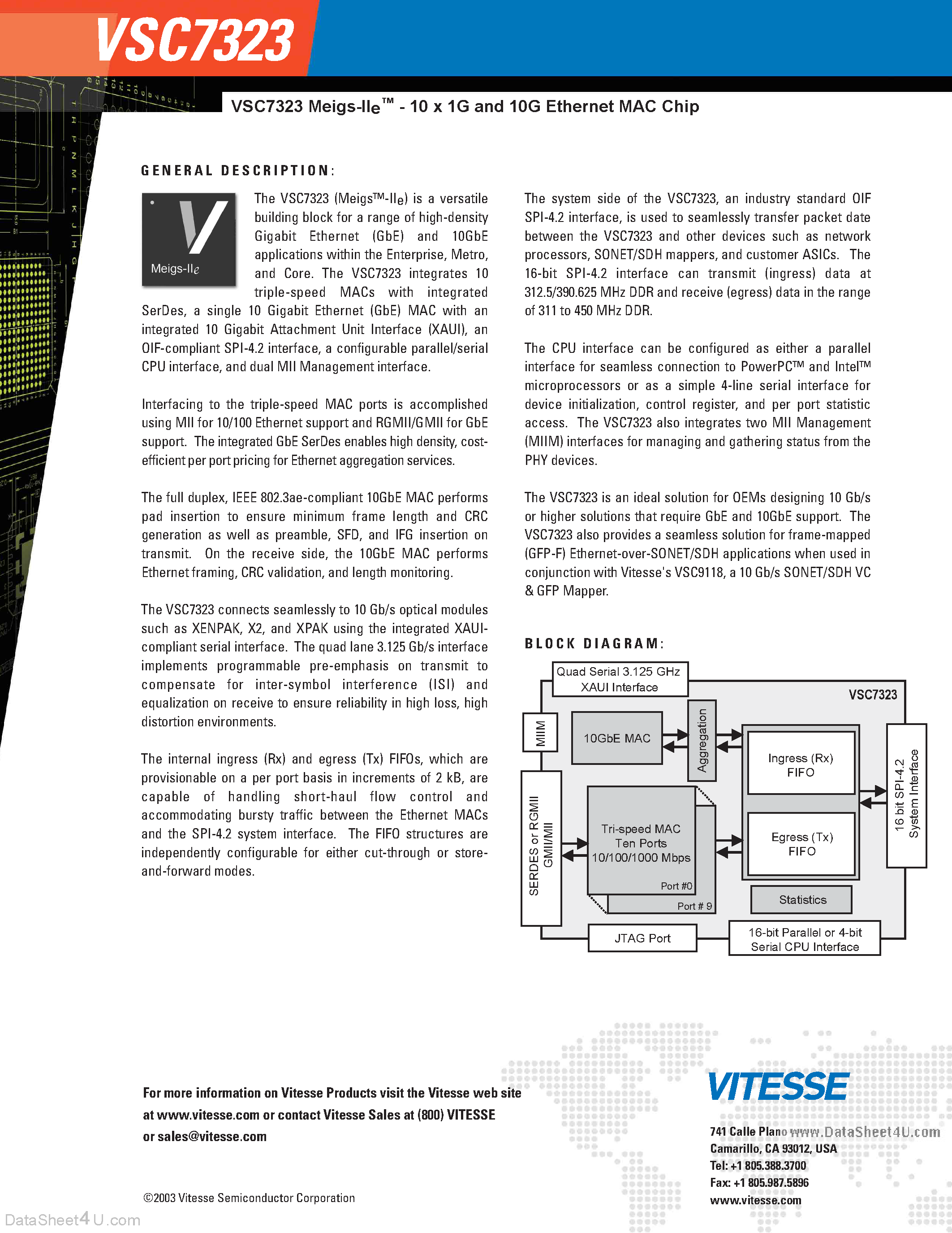 Даташит VSC7323 - 10 x 1 Gigabit and 10G Ethernet MAC Chip страница 2