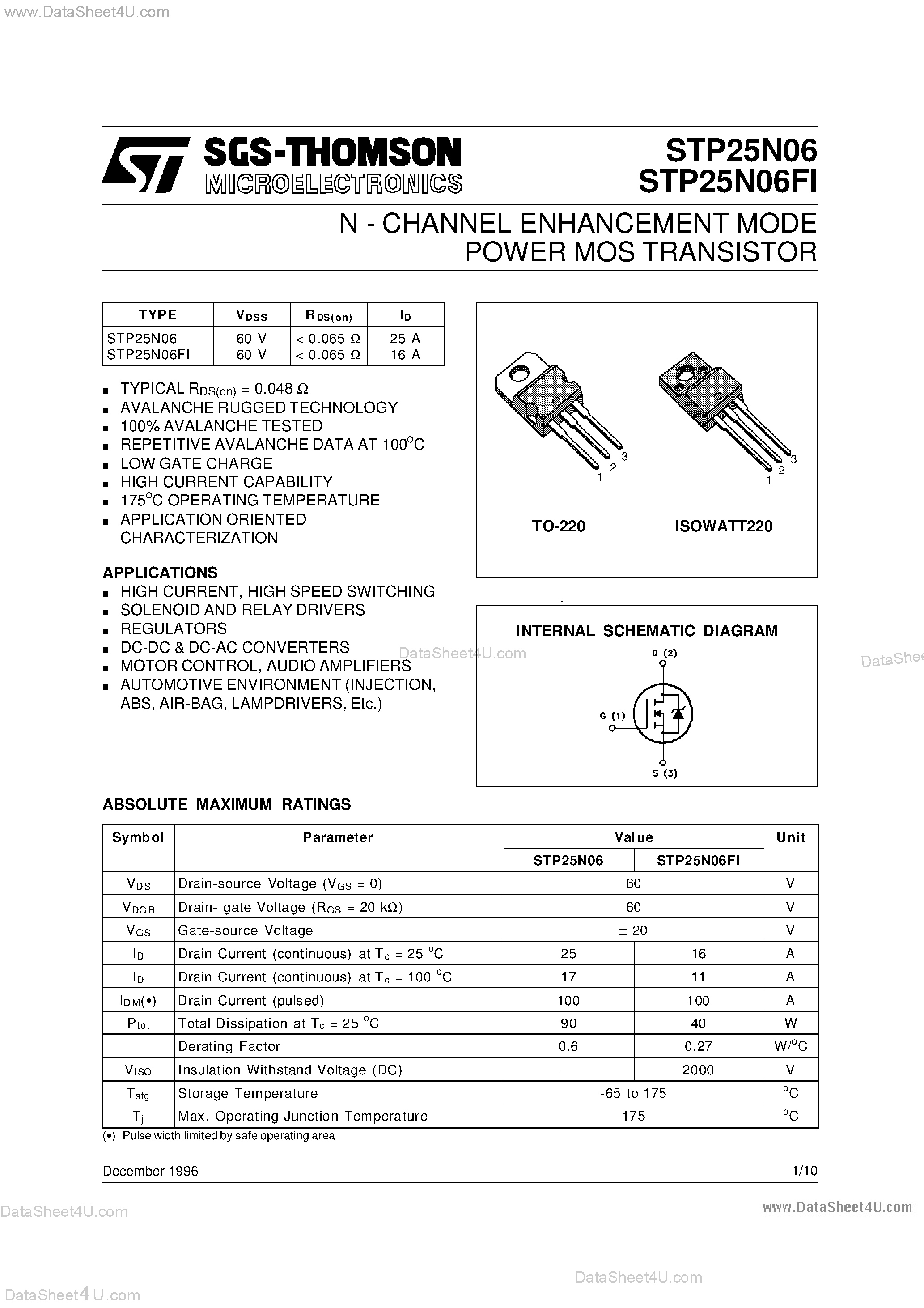 Даташит STP25N06 - N - CHANNEL ENHANCEMENT MODE POWER MOS TRANSISTOR страница 1