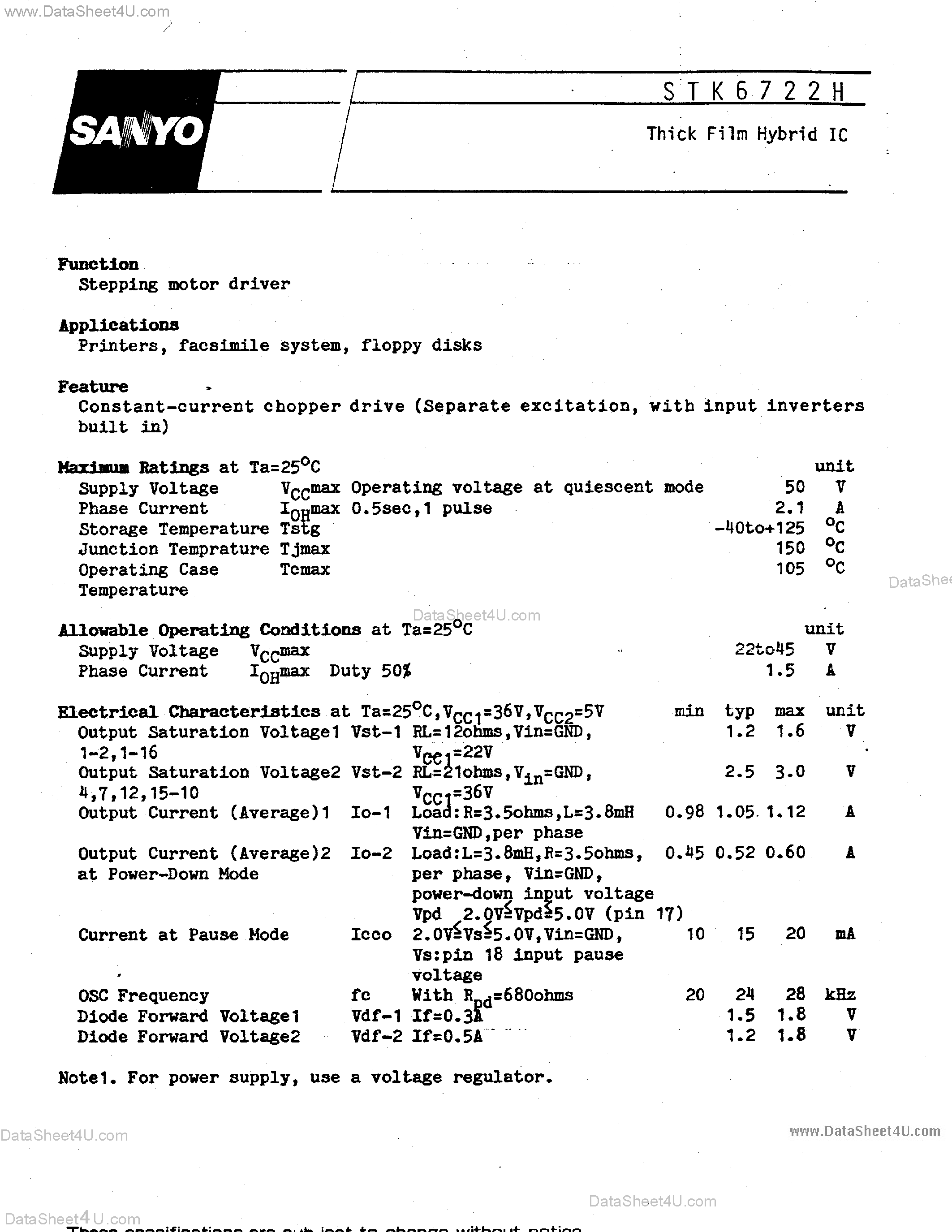 Datasheet STK6722H - Thick Film Hybrid IC page 1