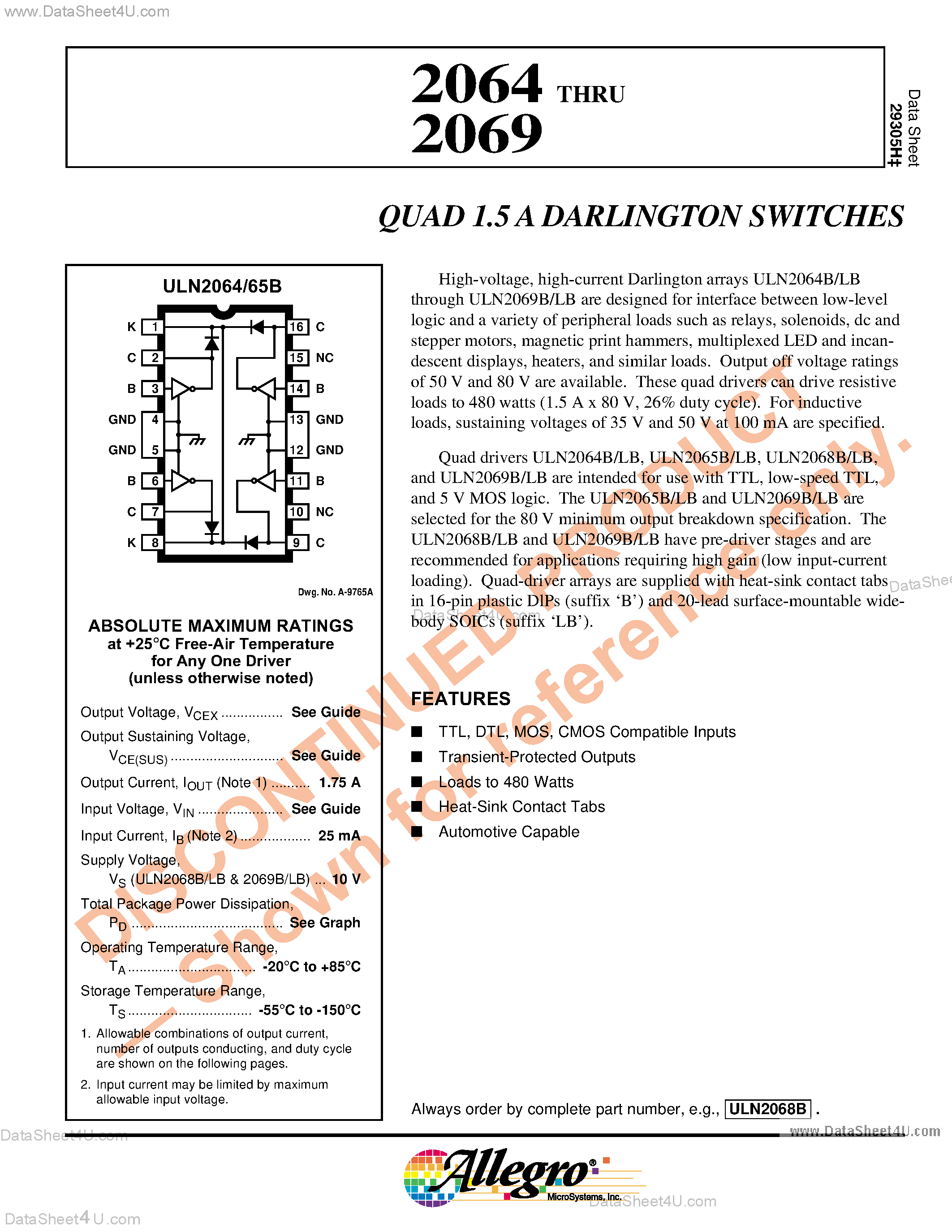 Даташит ULS2064 - (ULS2064 - ULS2069) Quad 1.5A Darlington Switches страница 1