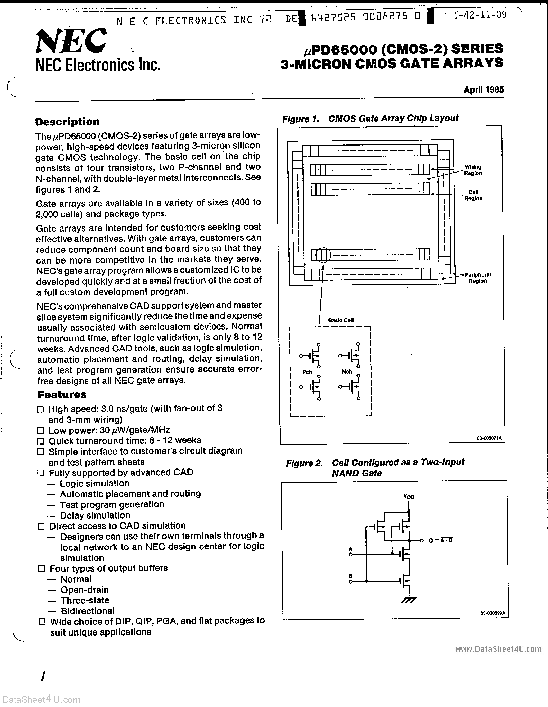 Даташит UPD65002 - (UPD65000 Series) 3-Micron CMOS Gate Arrays страница 1