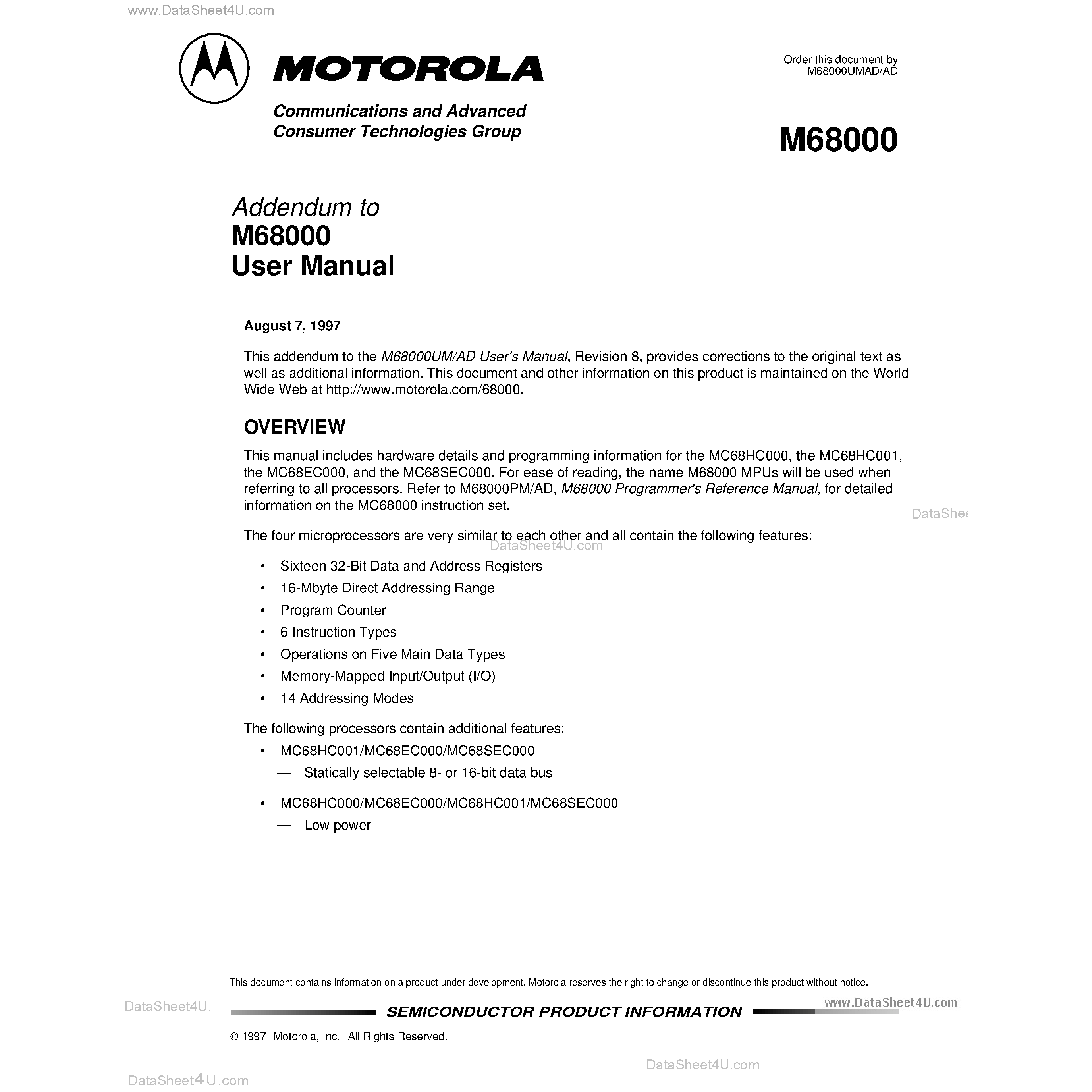 Datasheet MC68SEC000 - Addendum to M68000 User Manual page 1