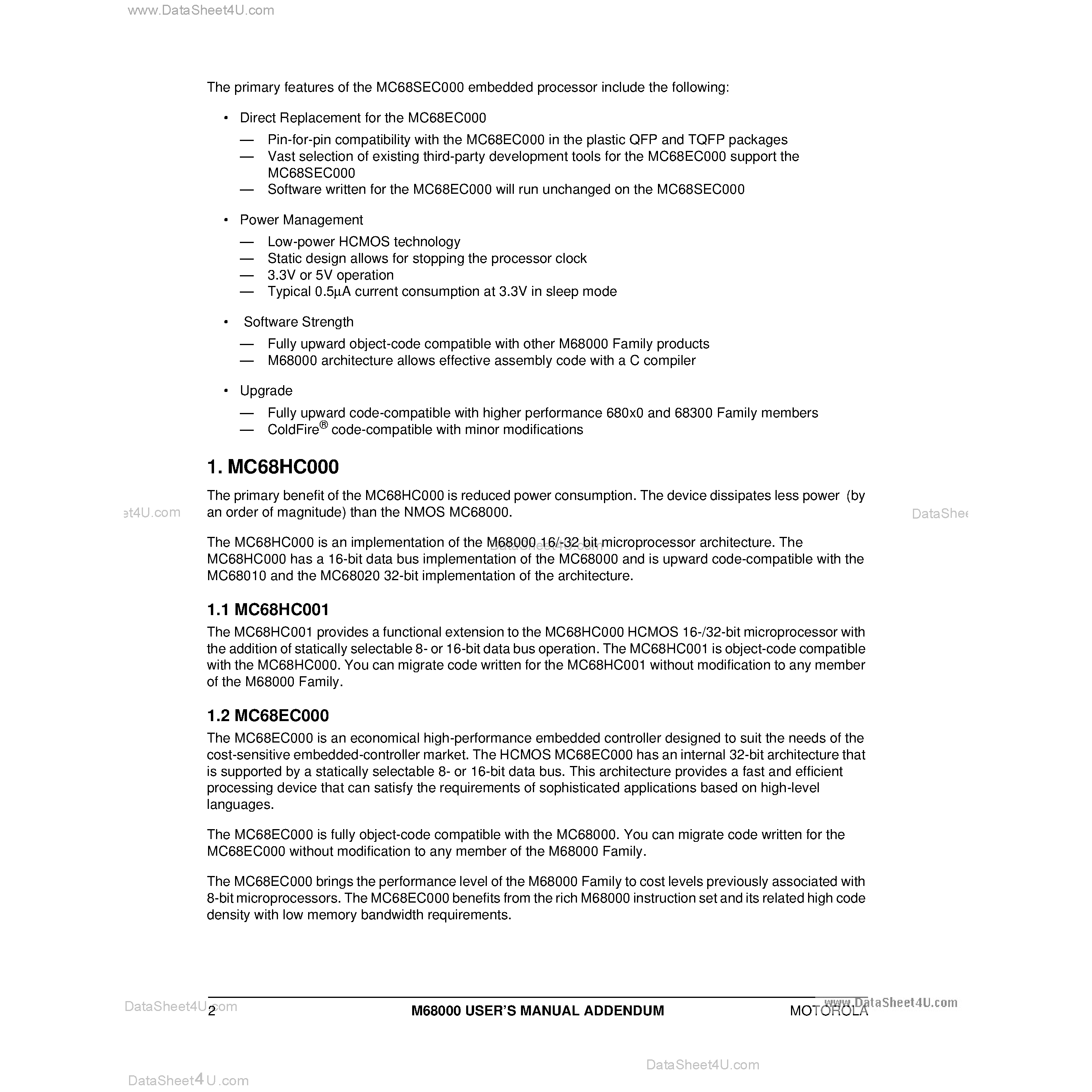 Datasheet MC68SEC000 - Addendum to M68000 User Manual page 2