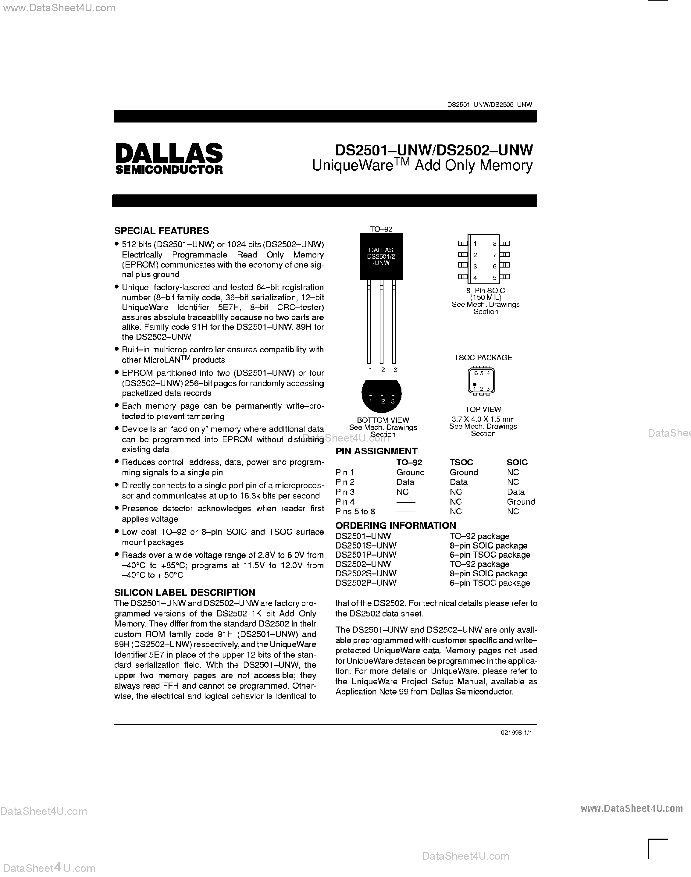 Datasheet DS2501 - (DS2501 / DS2502) Add Only Memory page 1