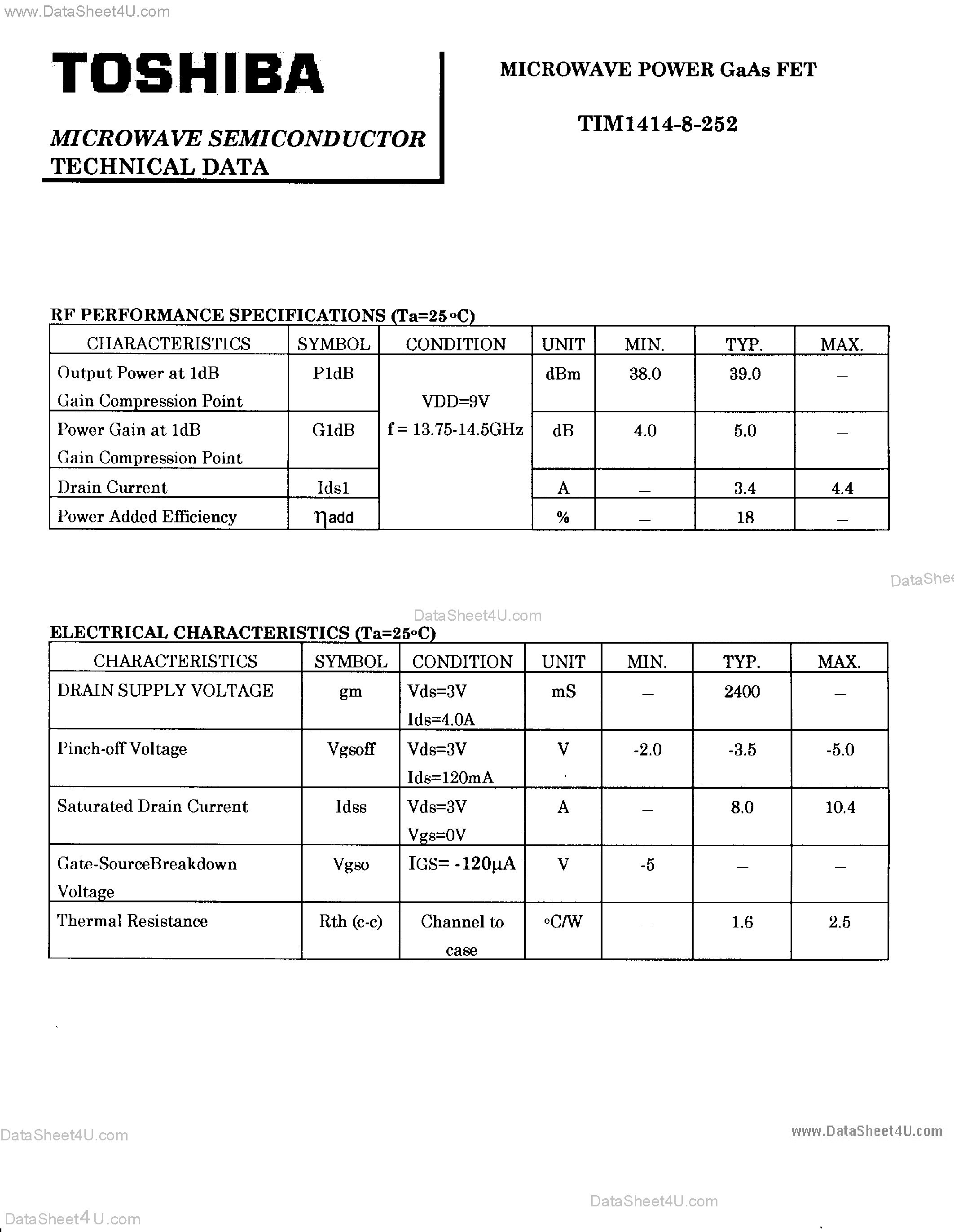 Datasheet TIM1414-8-252 - Microwave Power GaAs FET page 1