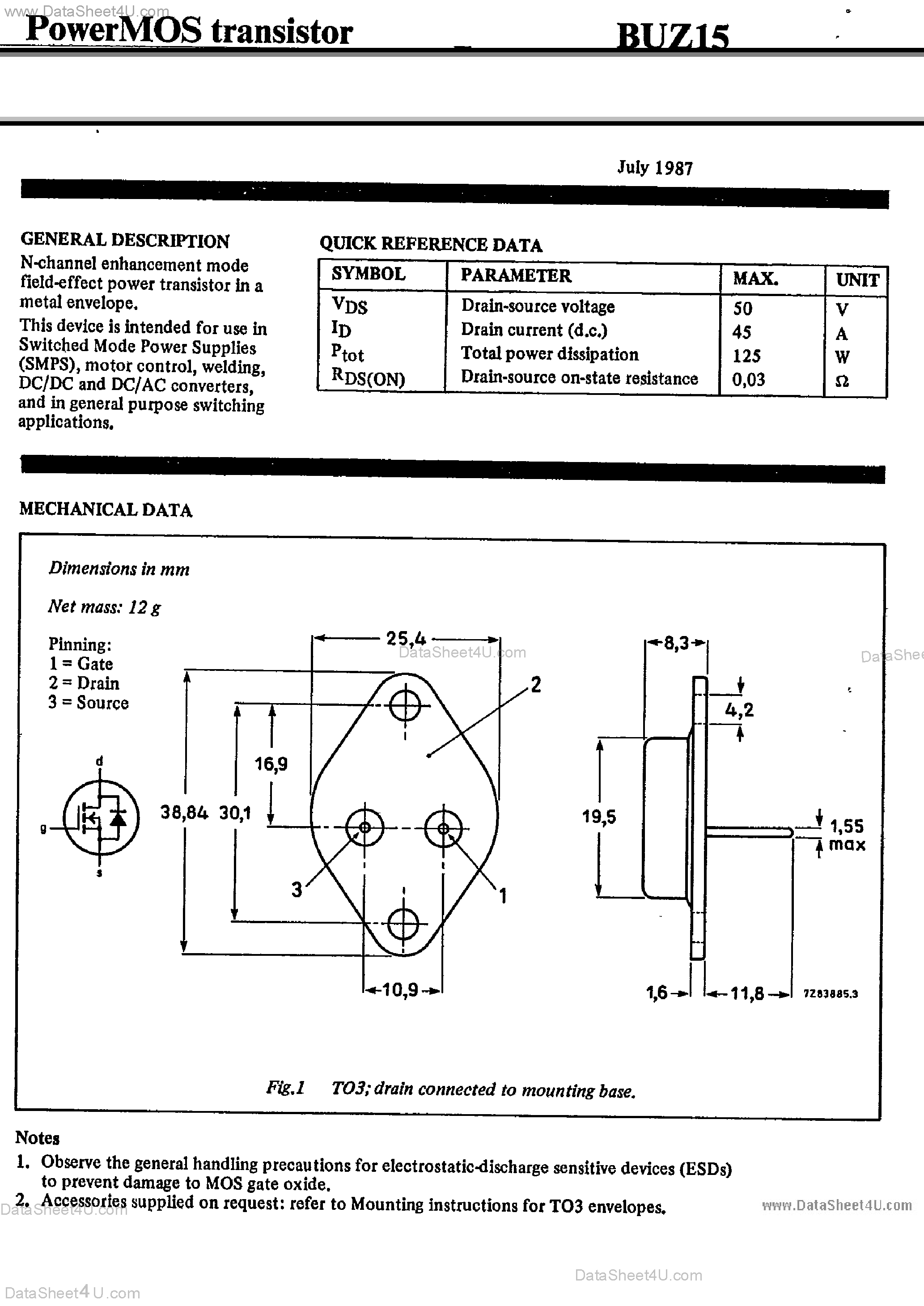 Даташит BUZ15 - Power MOS Transistor страница 1