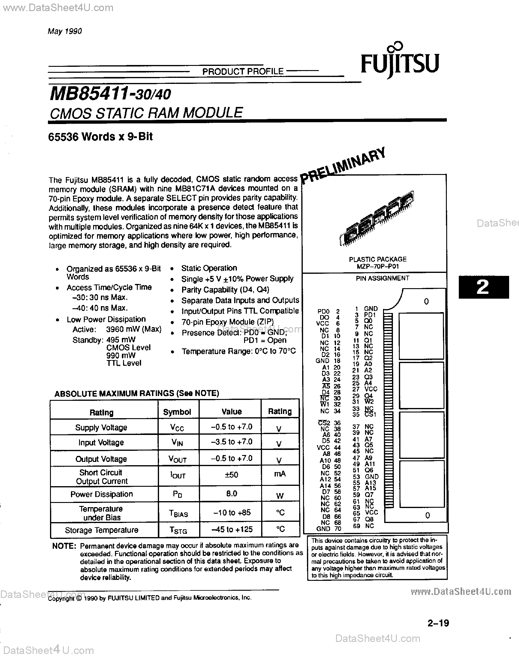 Даташит MB85411 - 65536 Words x 9-Bit страница 1