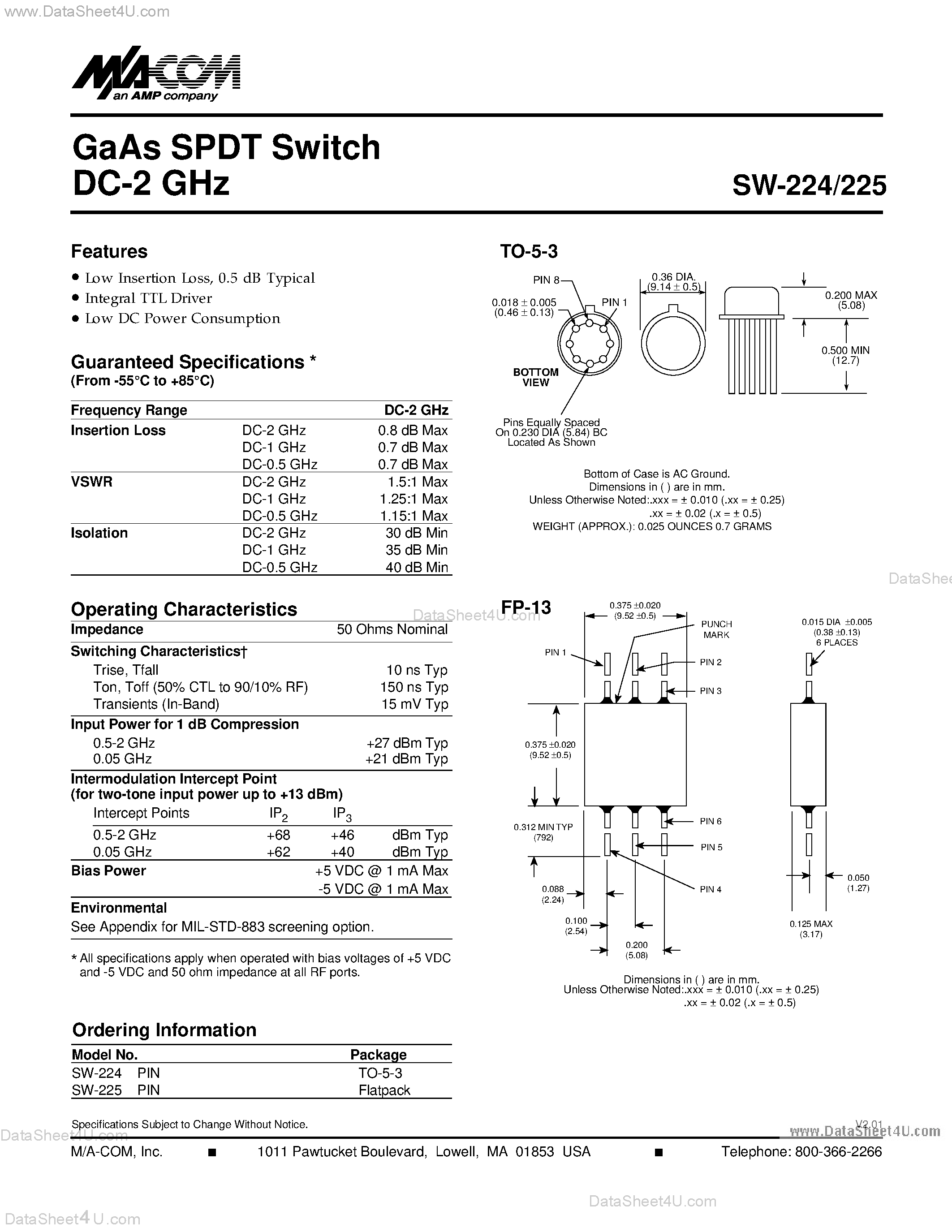 Даташит SW-224 - (SW-224 / SW-225) GaAs SPDT Switch DC-2 GHz страница 1