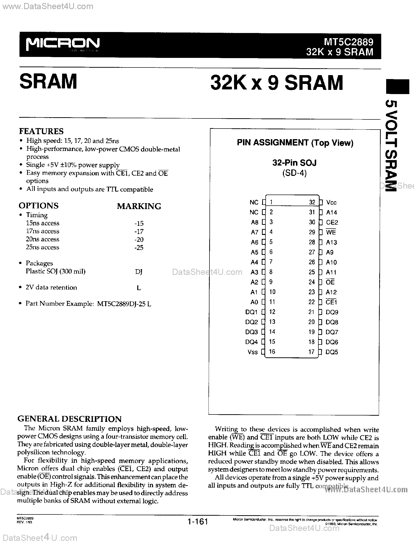 Даташит MT5C2889 - 32K x 9 SRAM страница 1