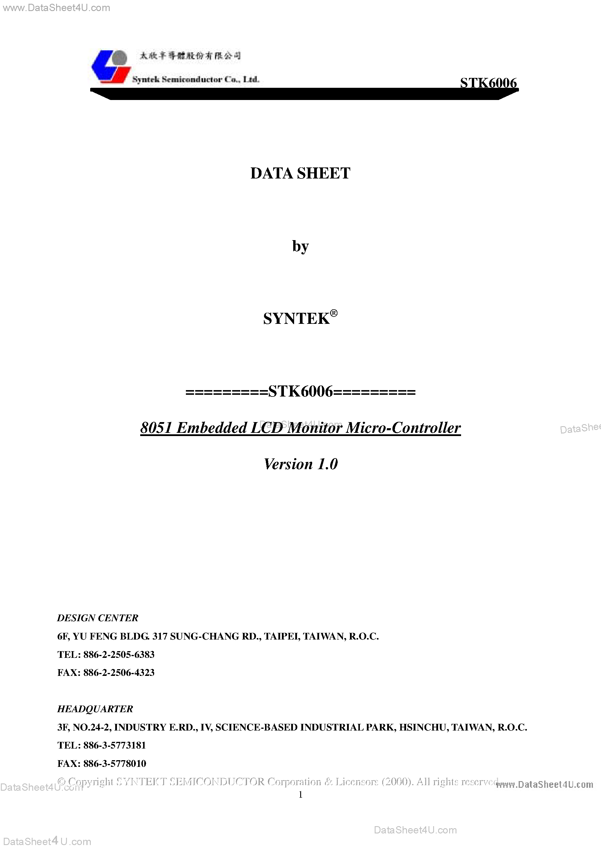 Datasheet STK6006 - 8051 Embedded LCD Monitor Micro Controller page 1