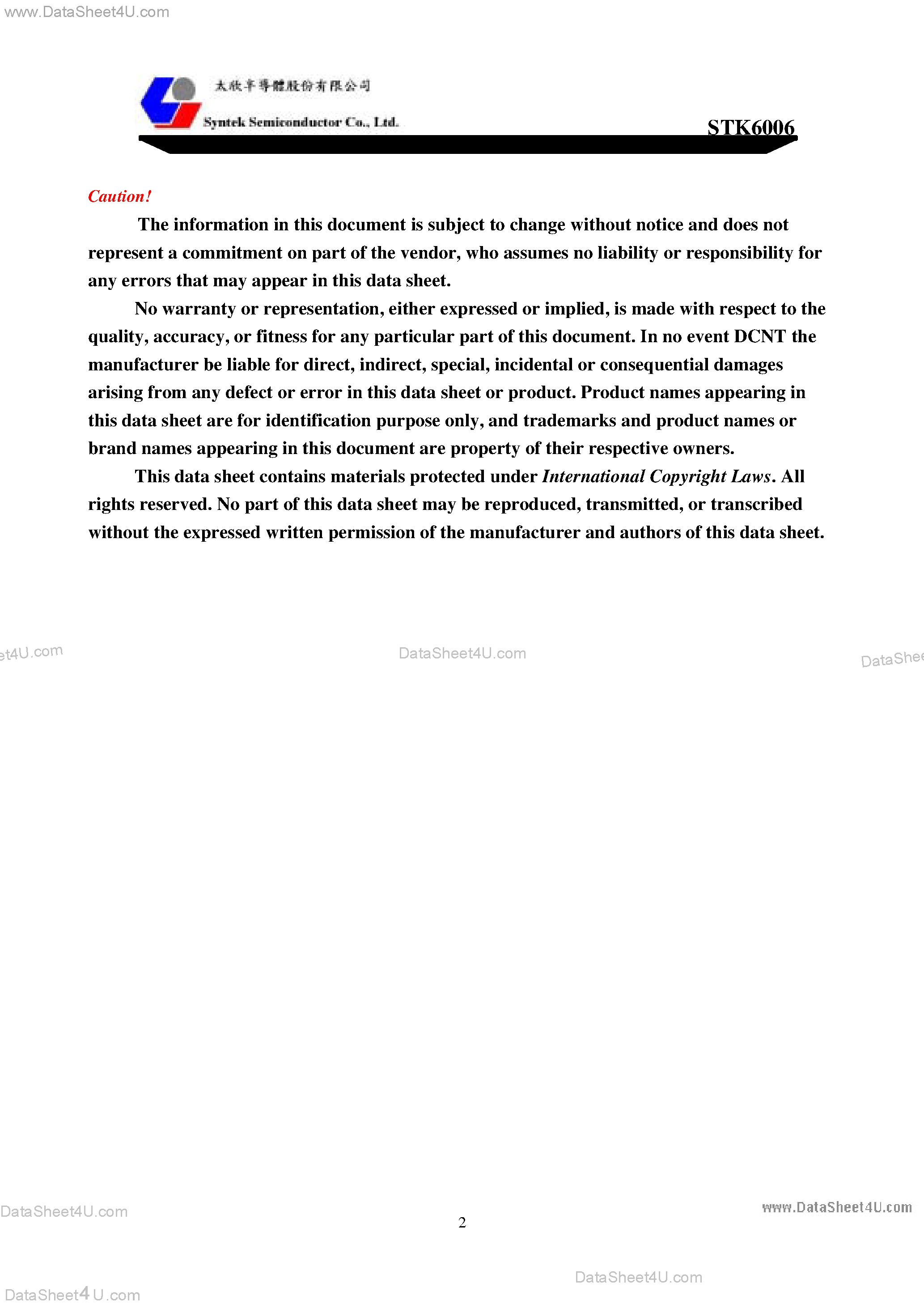 Datasheet STK6006 - 8051 Embedded LCD Monitor Micro Controller page 2