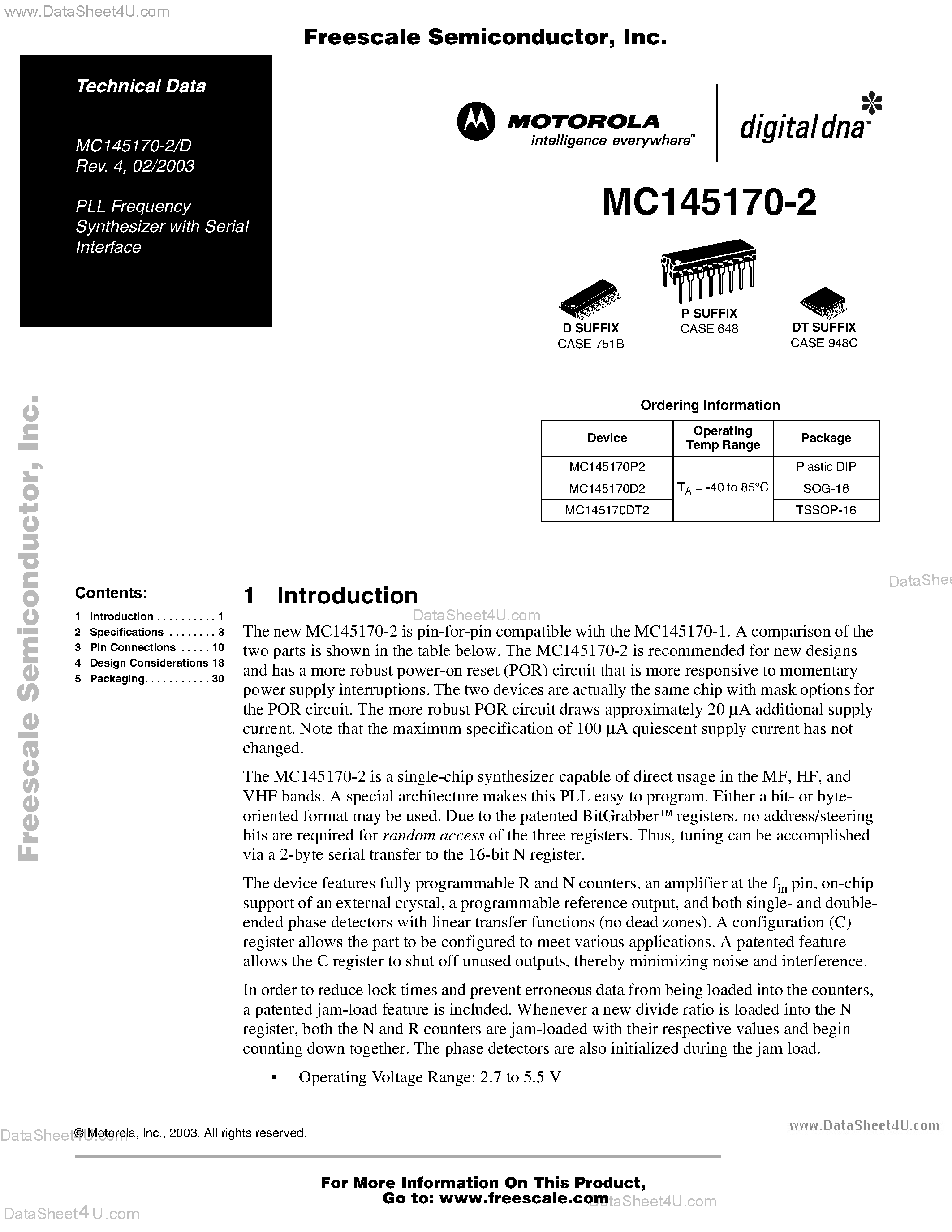 Даташит MC145170-2 - PLL Frequency Synthesizer with Serial Interface страница 1