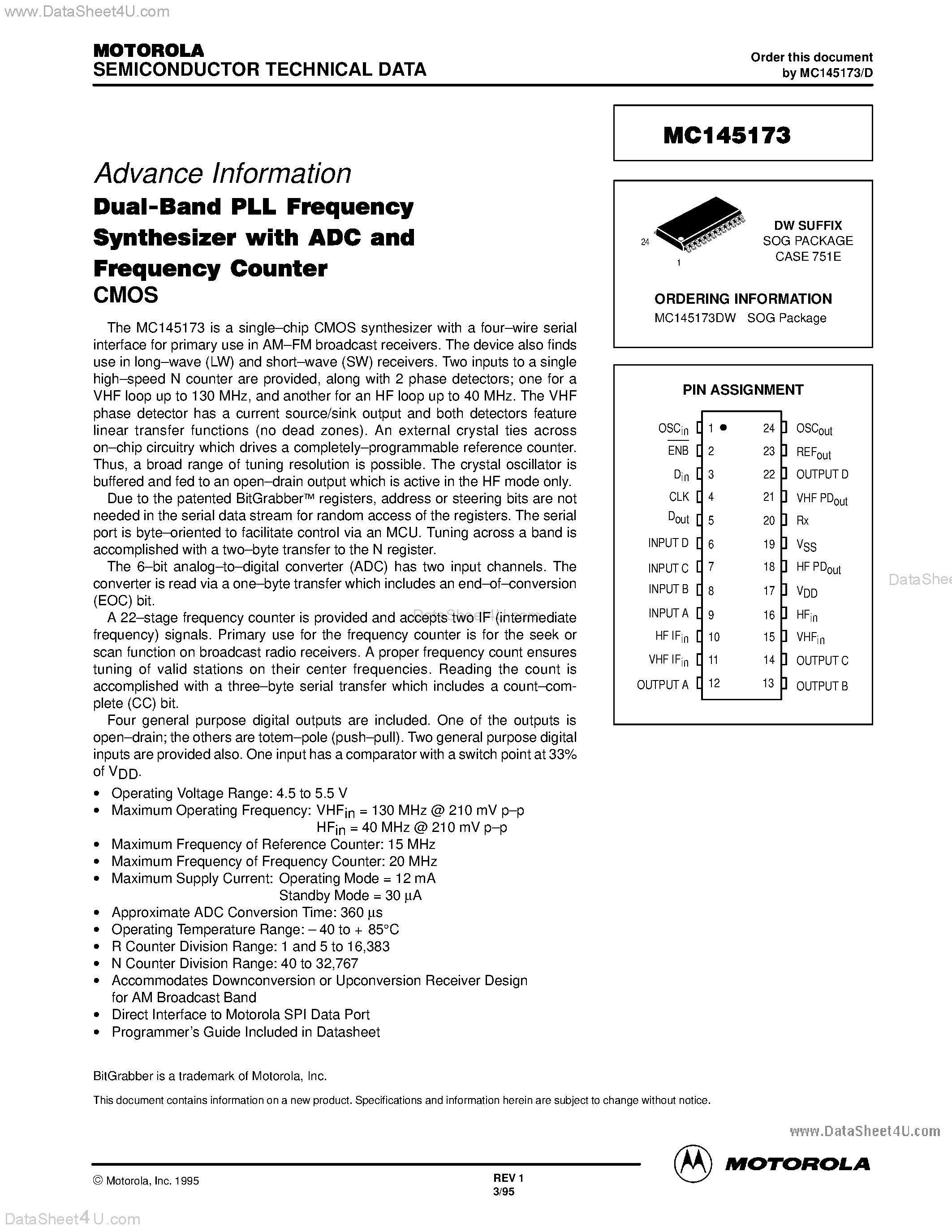 Даташит MC145173 - Dual-Band PLL Frequency Synthesizer with ADC and Frequency Counter страница 1