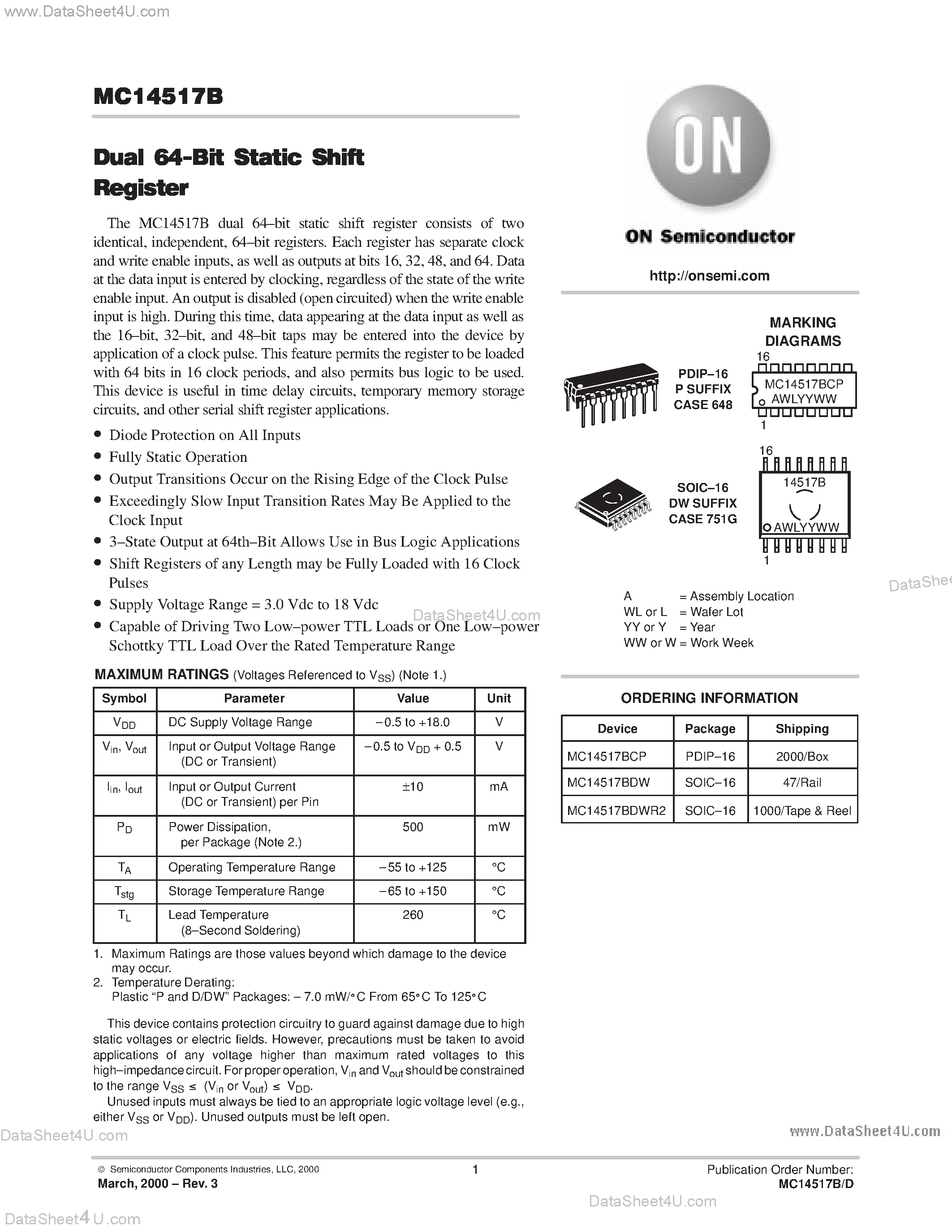 Даташит MC14517B - Dual 64-Bit Static Shift Register страница 1